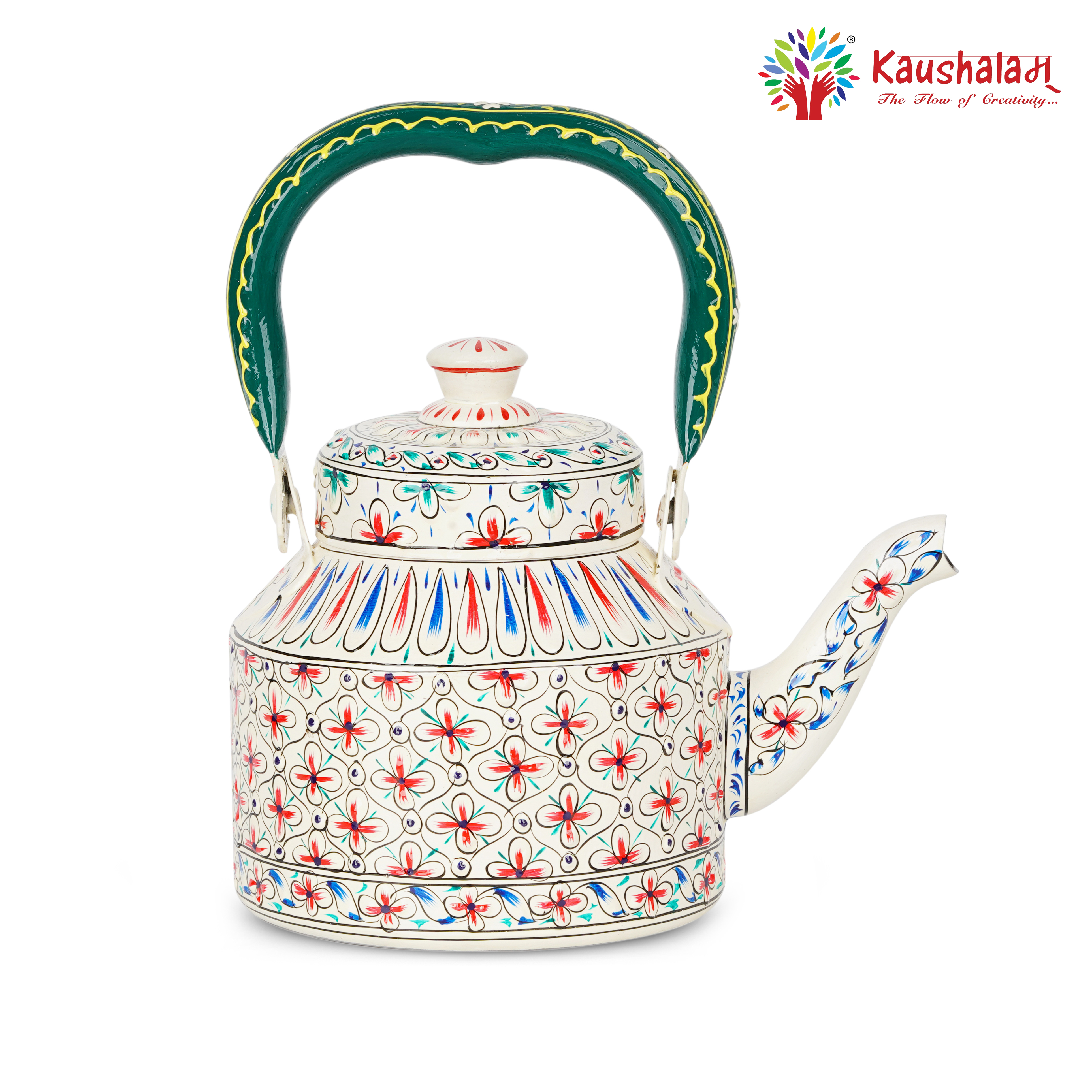 Stainless Steel Tea Kettle with Vibrant Hand-Painted Indian Designs:  Shweta- The Delicate White