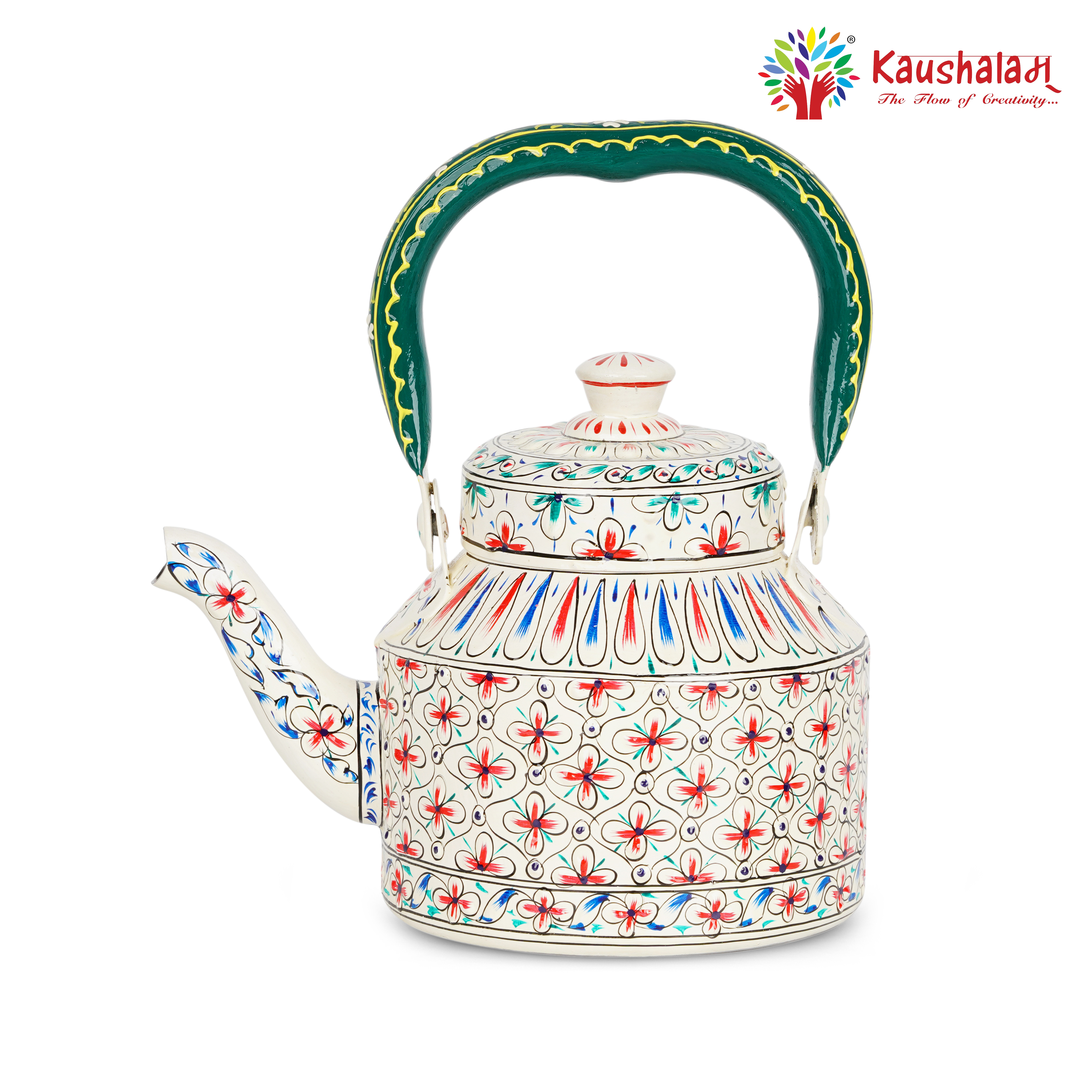 Stainless Steel Tea Kettle with Vibrant Hand-Painted Indian Designs:  Shweta- The Delicate White