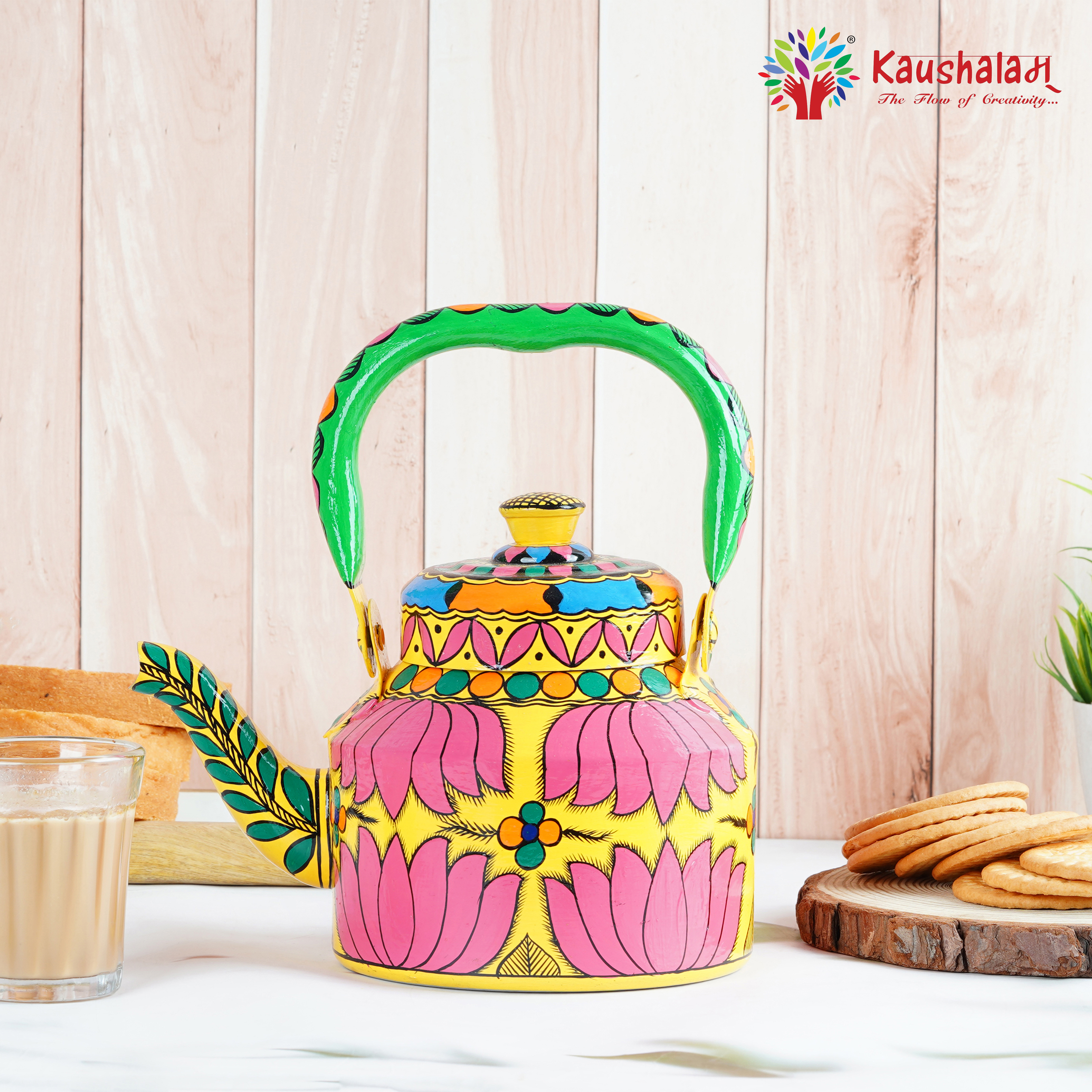 Induction-Friendly Tea Kettle with Beautiful Indian Hand-Painted Designs: Kamla The Lotus