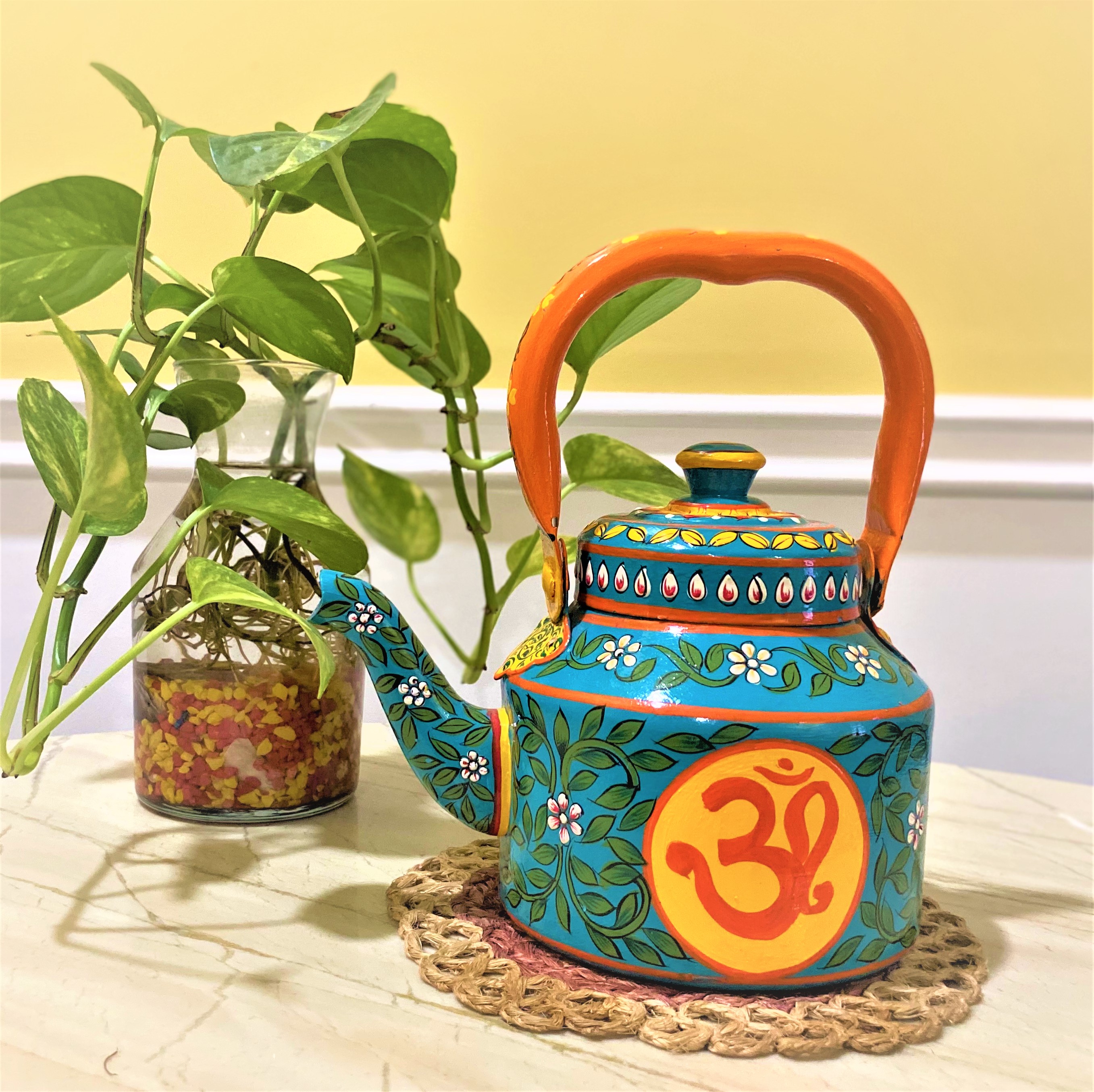 Elegant Hand-Painted Stainless Steel Tea Kettle with Indian Artwork: Om