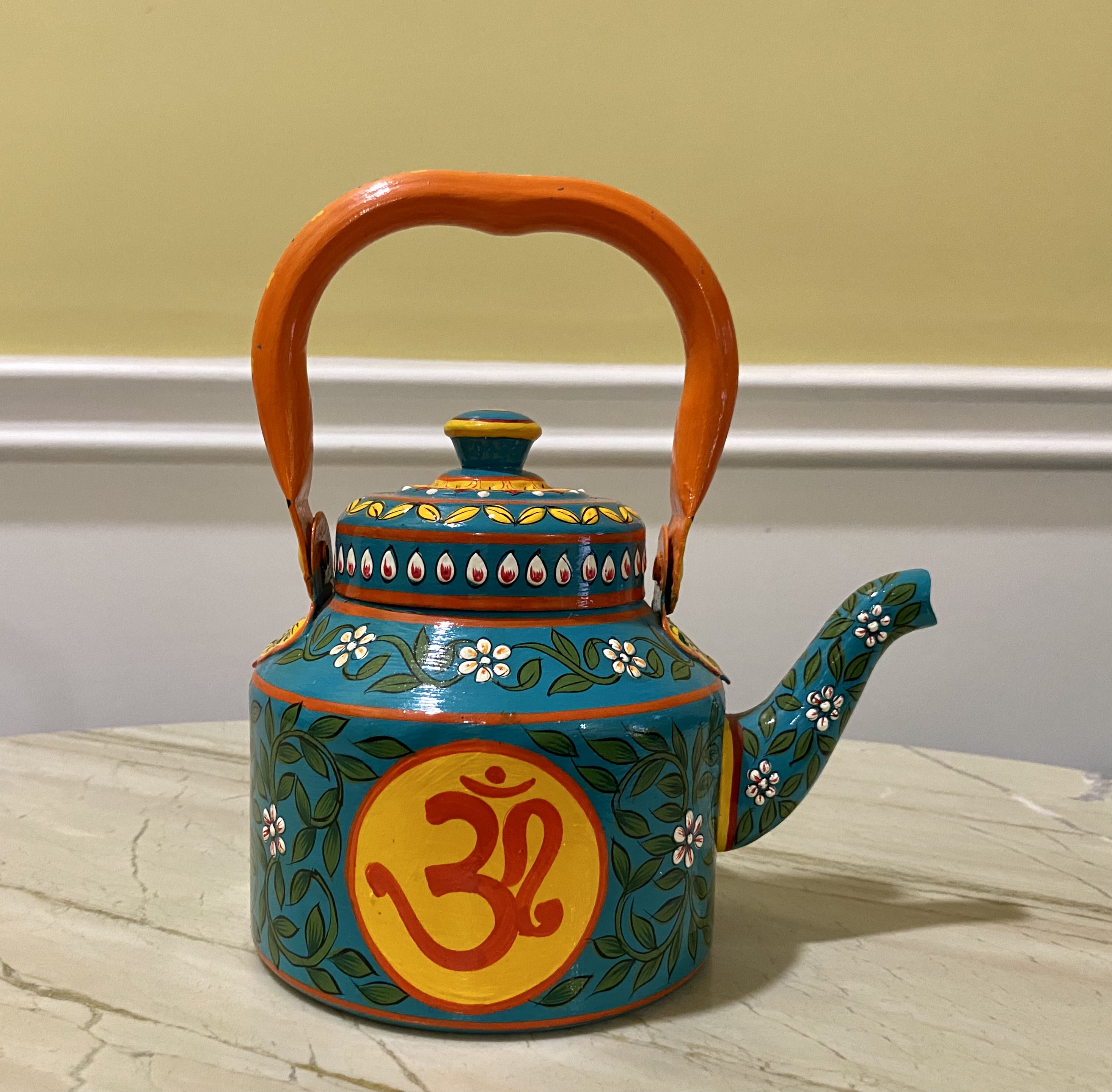 Elegant Hand-Painted Stainless Steel Tea Kettle with Indian Artwork: Om