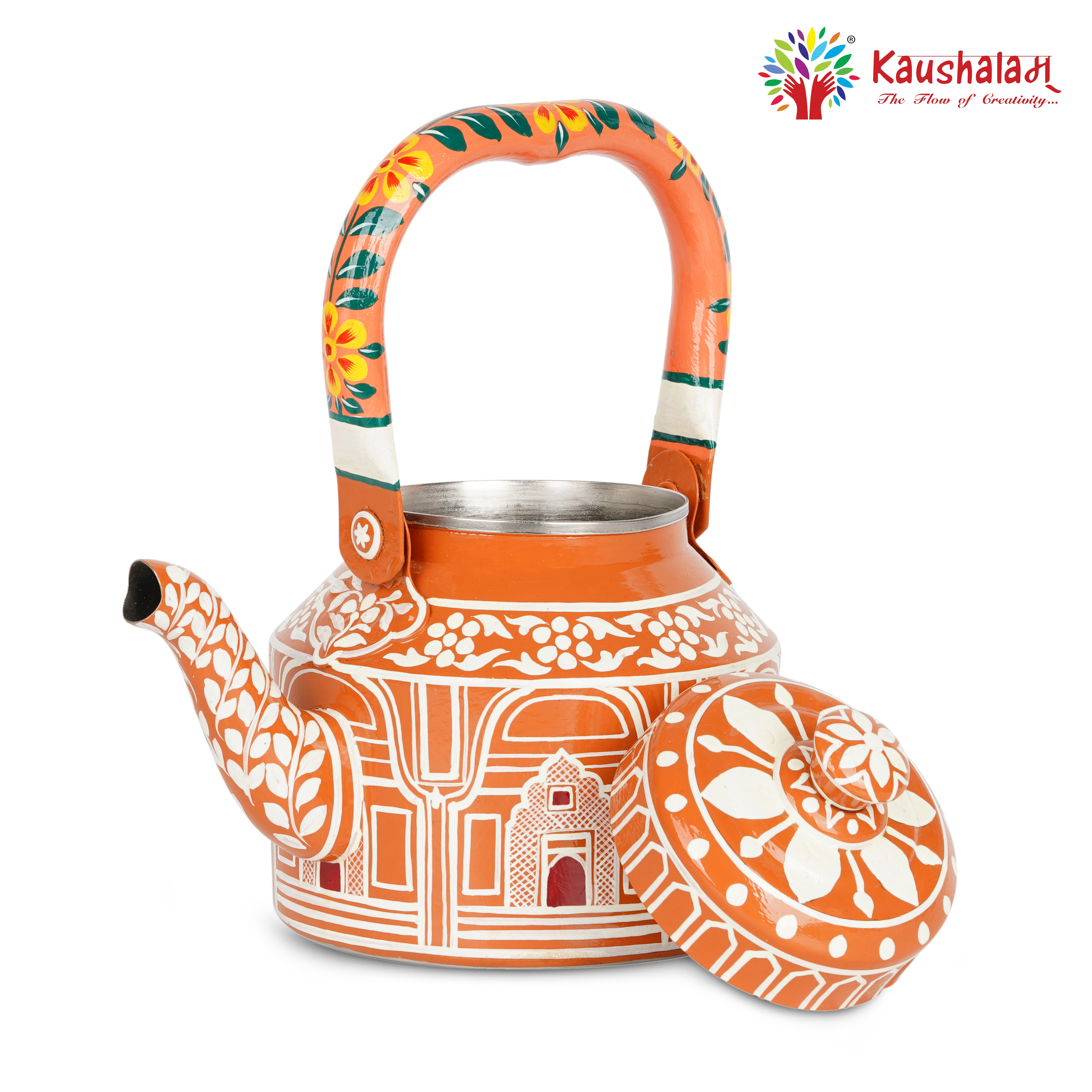 Traditional Indian Art Tea Kettle – Hand-Painted Stainless Steel, Induction Ready: Hawa Mahal The Wind Palace