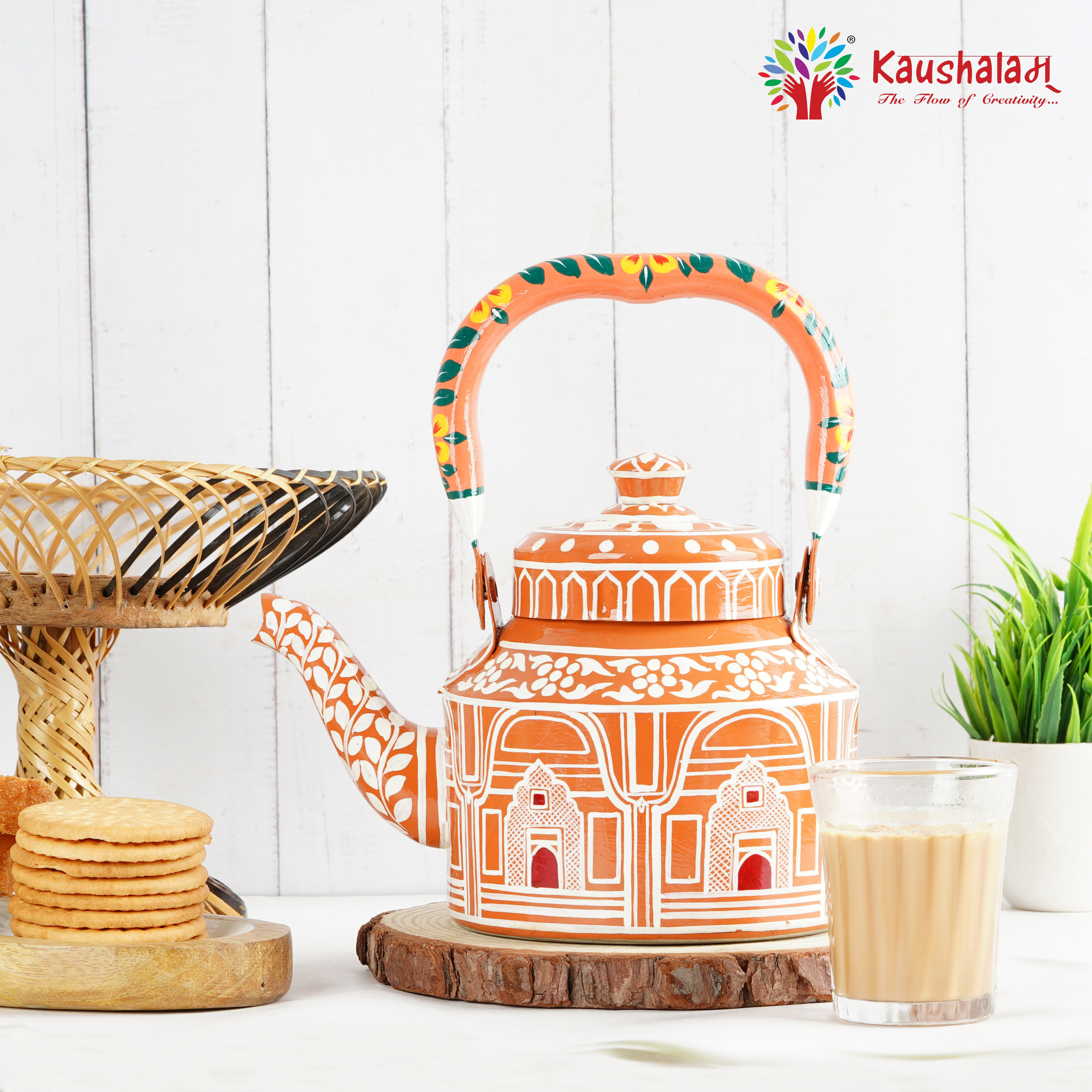 Traditional Indian Art Tea Kettle – Hand-Painted Stainless Steel, Induction Ready: Hawa Mahal The Wind Palace