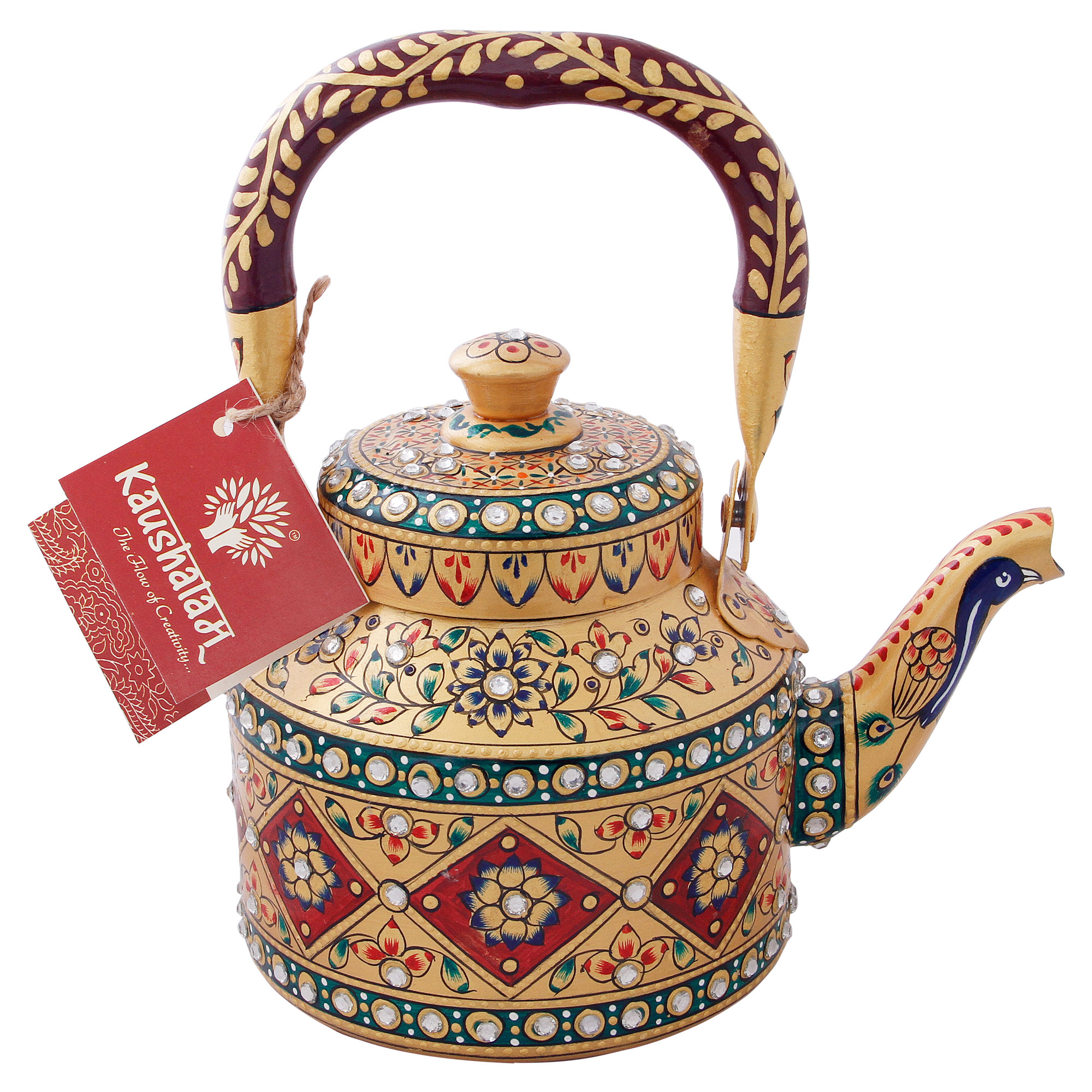 Induction-Ready Stainless Steel Tea Kettle with Hand-Painted Indian Motifs: Ornate