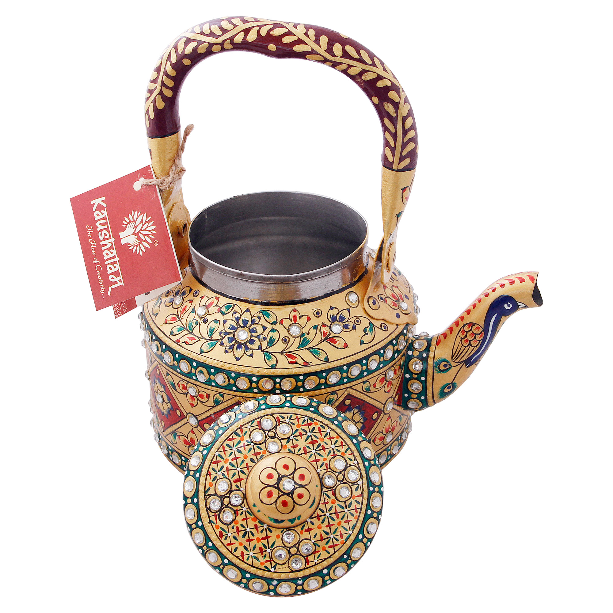 Induction-Ready Stainless Steel Tea Kettle with Hand-Painted Indian Motifs: Ornate