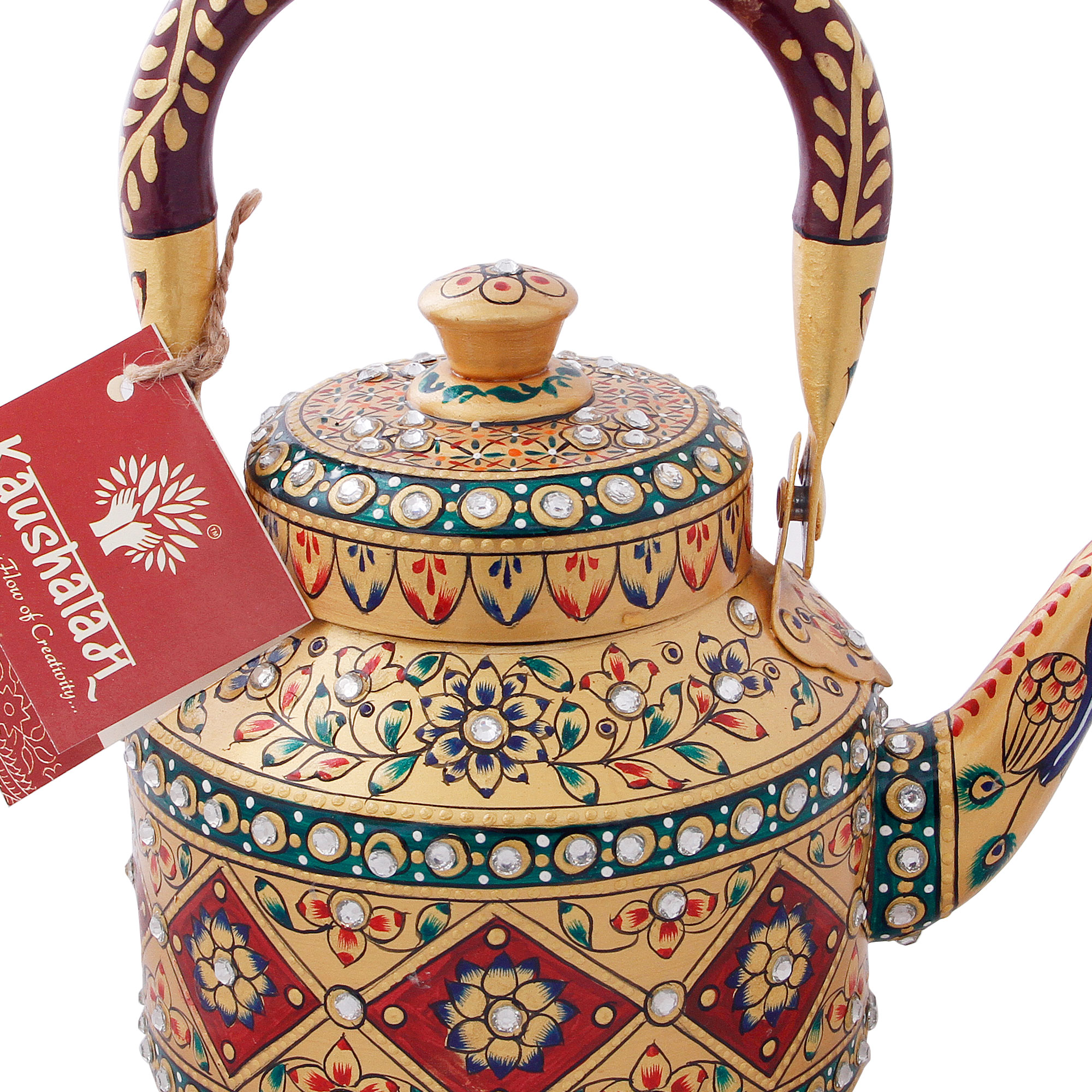 Induction-Ready Stainless Steel Tea Kettle with Hand-Painted Indian Motifs: Ornate