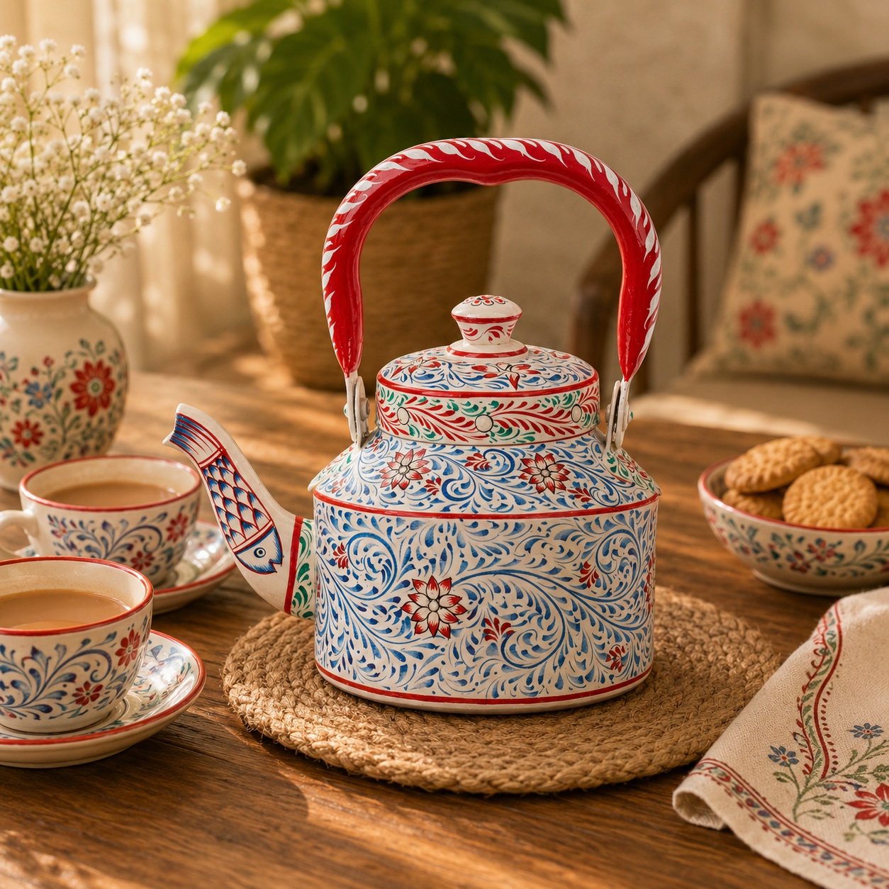 Hand-Painted Stainless Steel Tea Kettle with Classic Indian Designs – Induction Safe: Opal