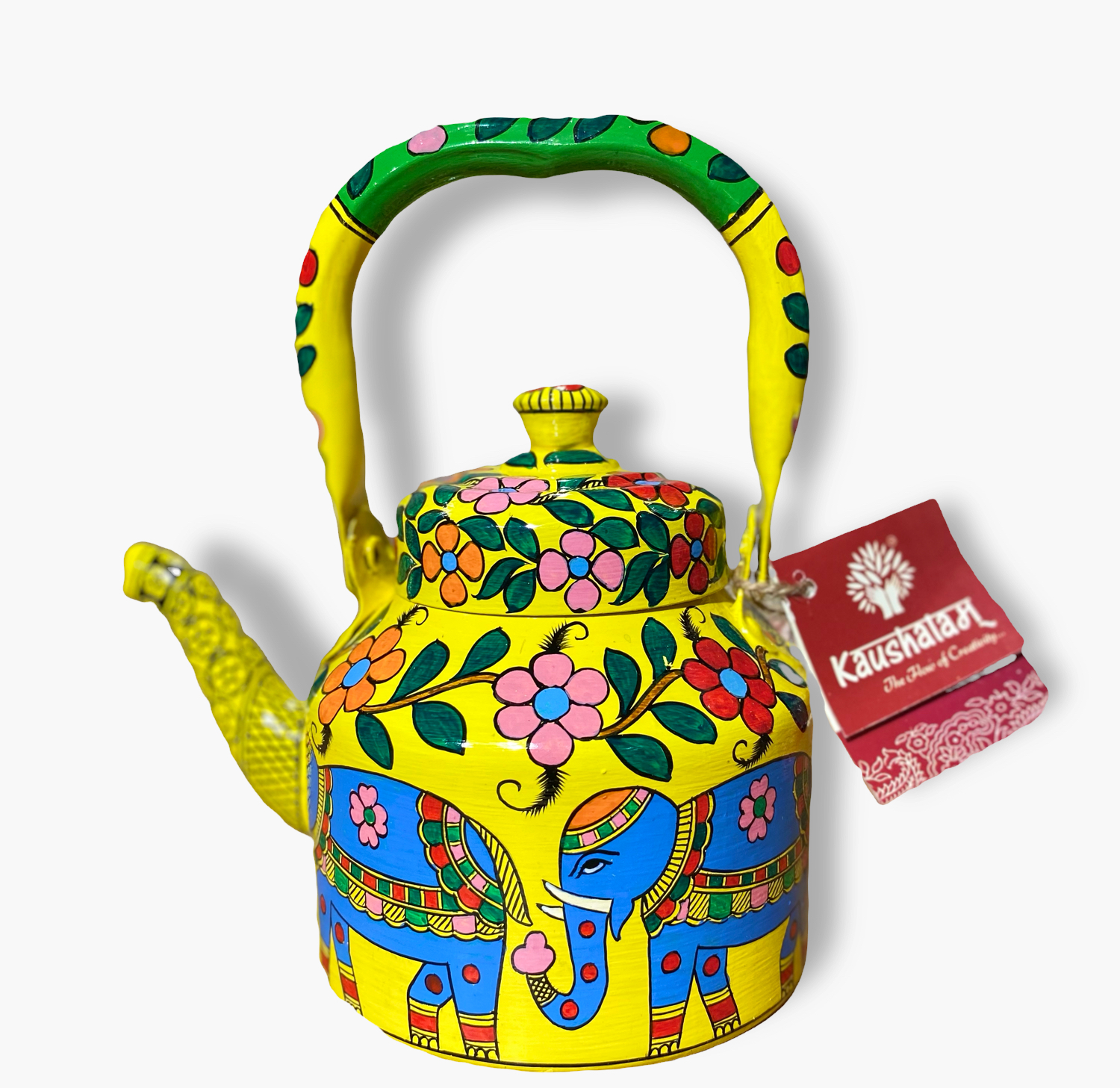 Induction-Friendly Hand-Painted Tea Kettle with Rich Indian Cultural Art: Blue Elephant