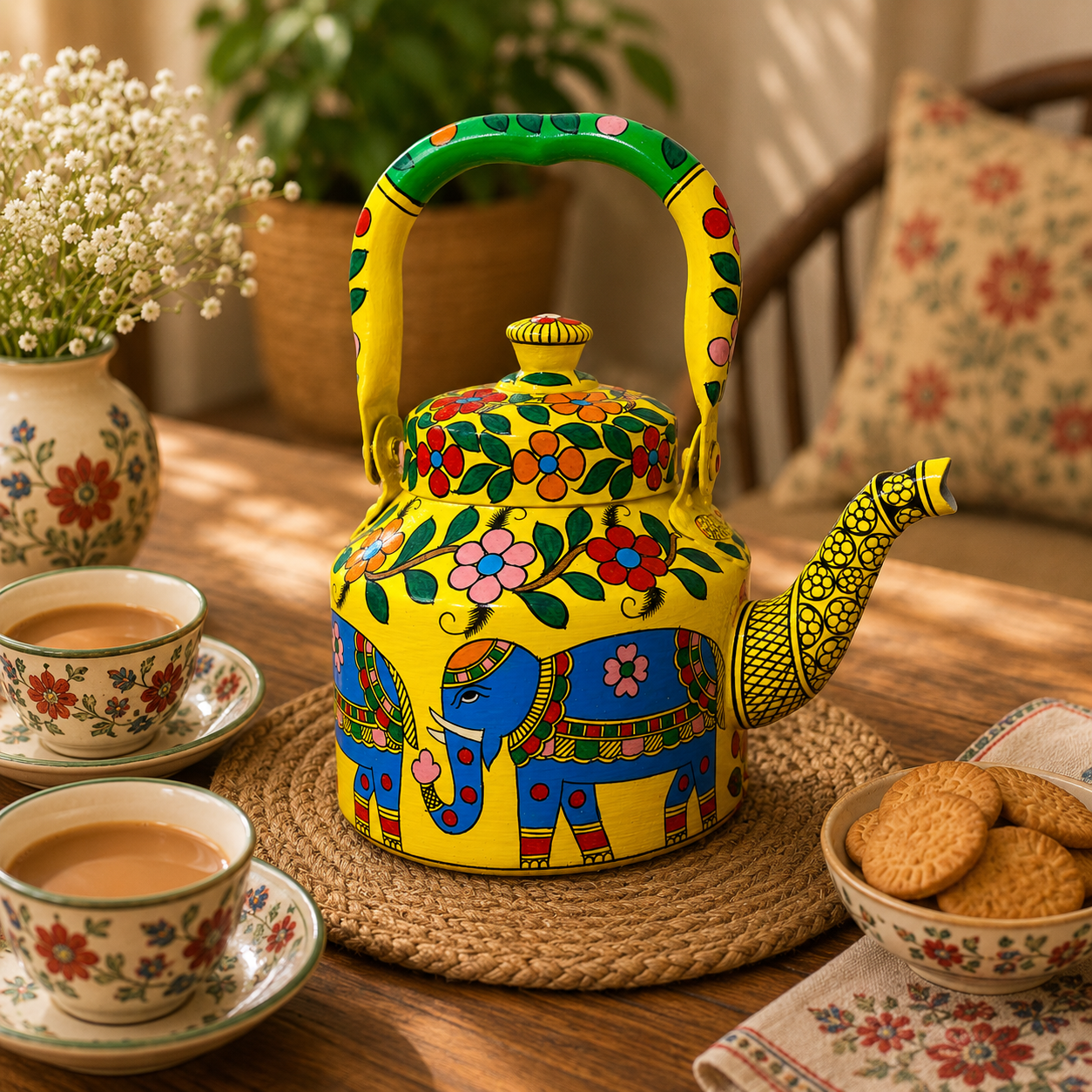Hand-Painted Tea Kettle : Blue Elephant