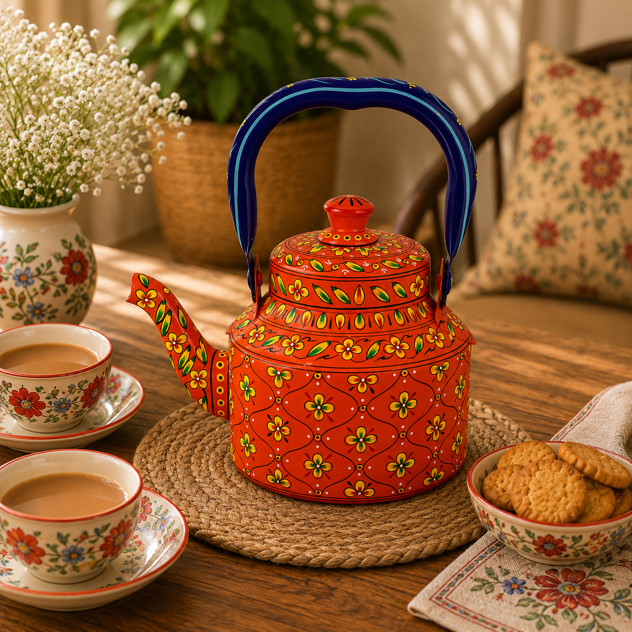 Tea Kettle with Intricate Hand-Painted Indian Art – Induction Safe: