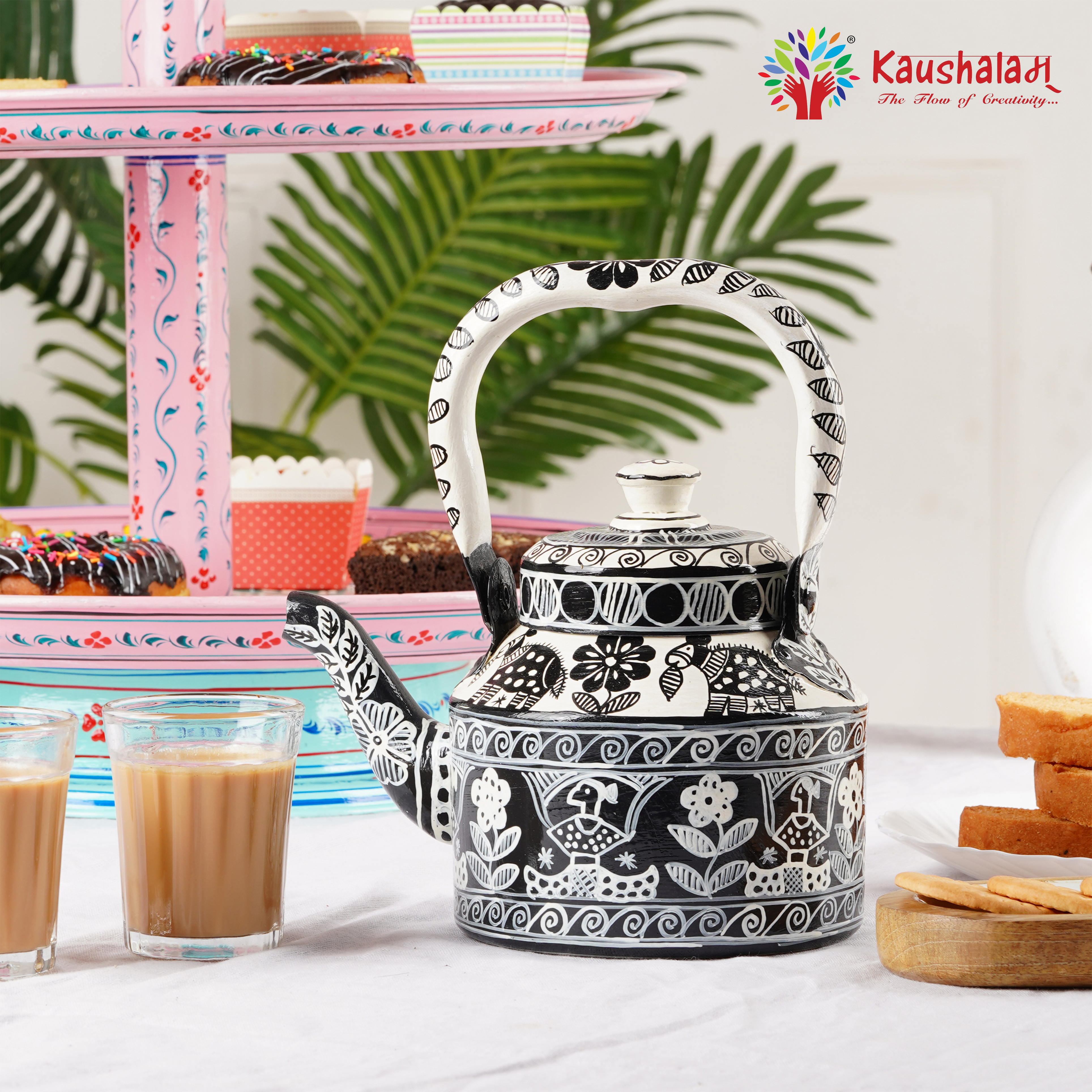 Beautifully Hand-Painted Stainless Steel Tea Kettle – Indian Art, Induction Safe: Bodhi- Awakening