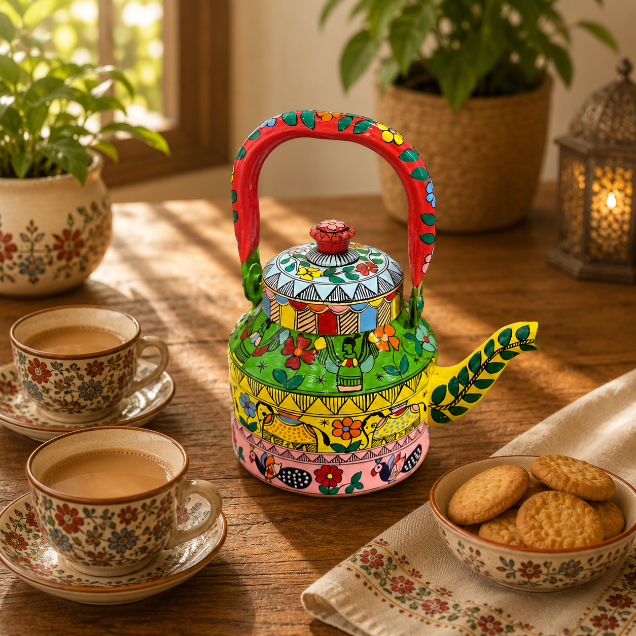 Hand Painted Folk Art Tea Kettle – Celebration