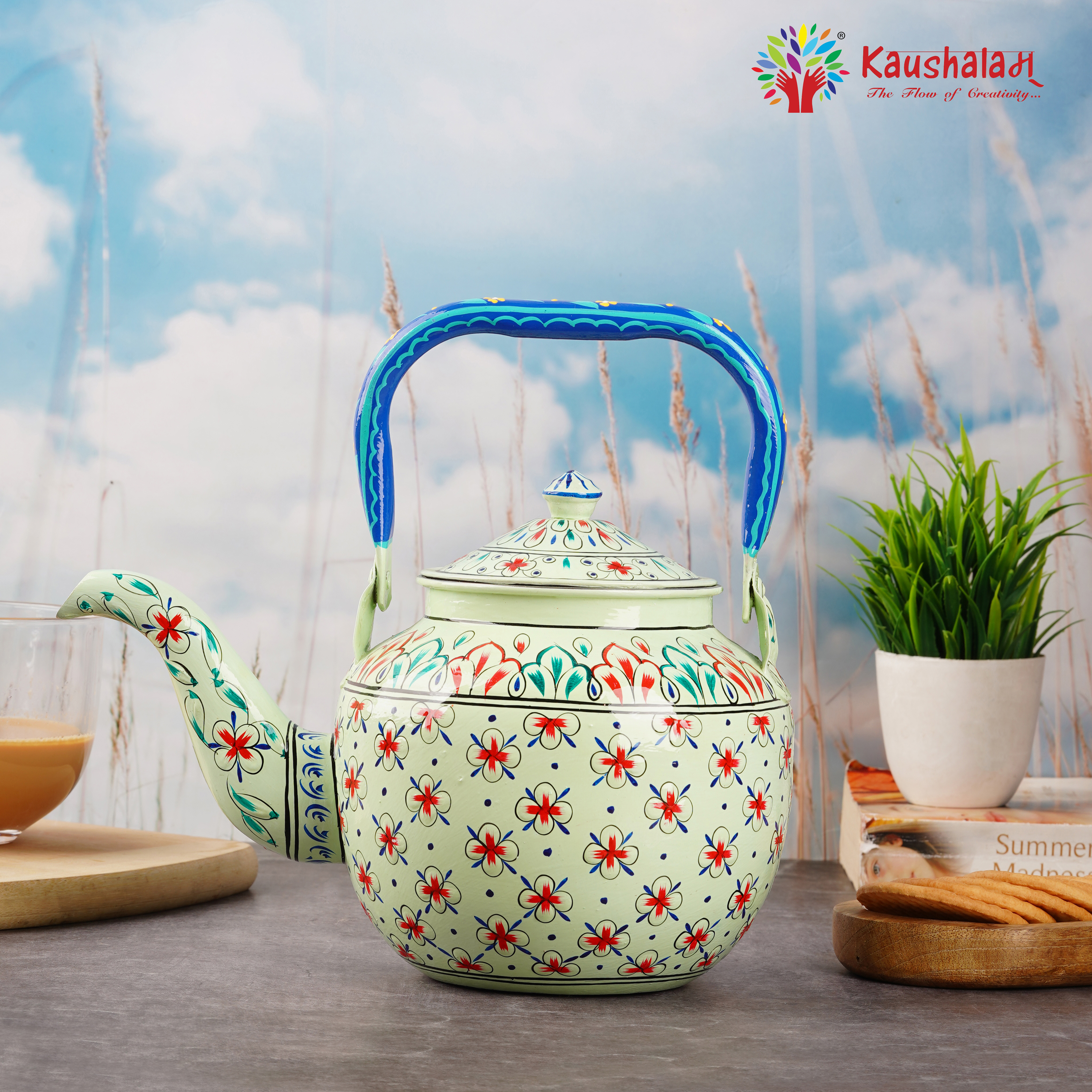 Stainless Steel Tea Kettle – Hand-Painted with Indian Art-SURAMYA Stainless Steel Tea Kettle – Hand-Painted with Indian Art-SURAMYA