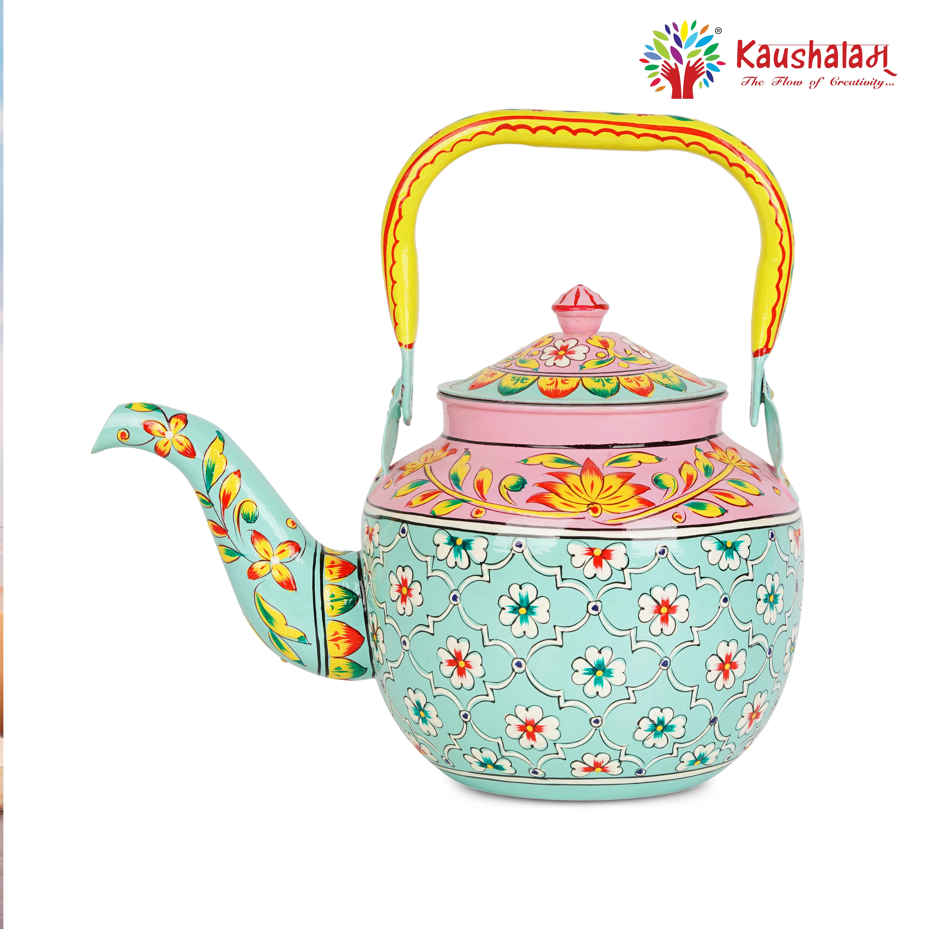 Stainless Steel Tea Kettle – Hand-Painted with Indian Art - Mugdha- The Virgin Beauty