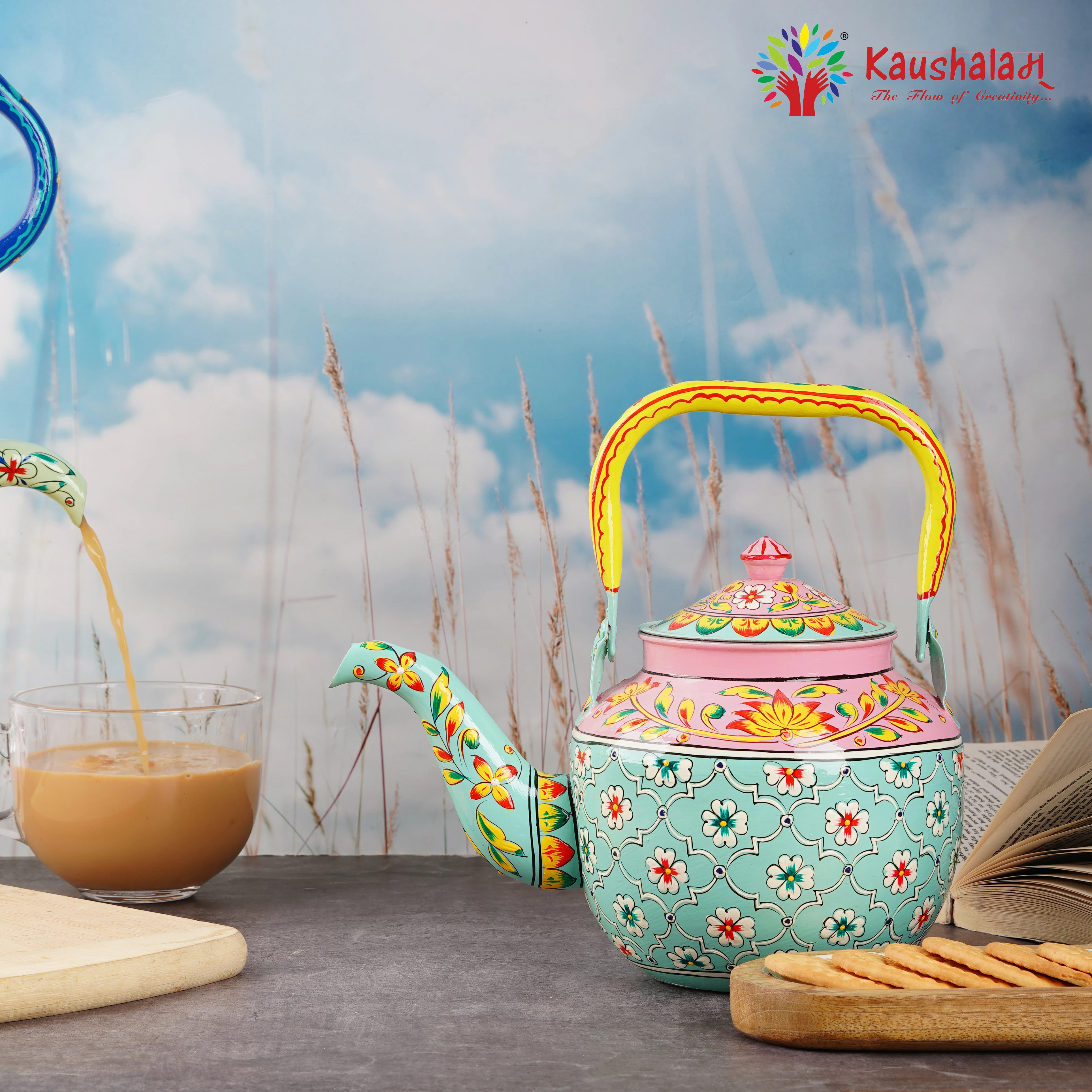 Stainless Steel Tea Kettle – Hand-Painted with Indian Art - Mugdha- The Virgin Beauty
