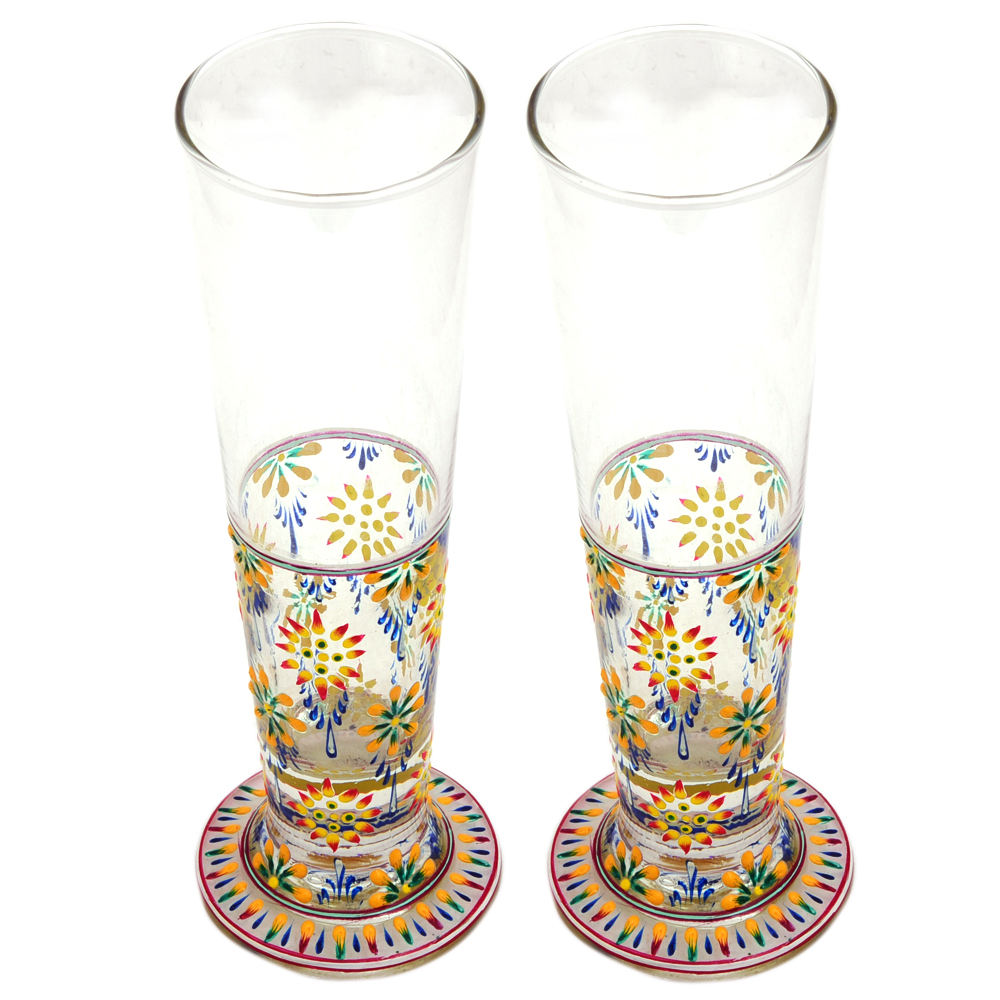 Hand-Painted Tall Beer Glass Set – Mughal Garden (Set of 2)
