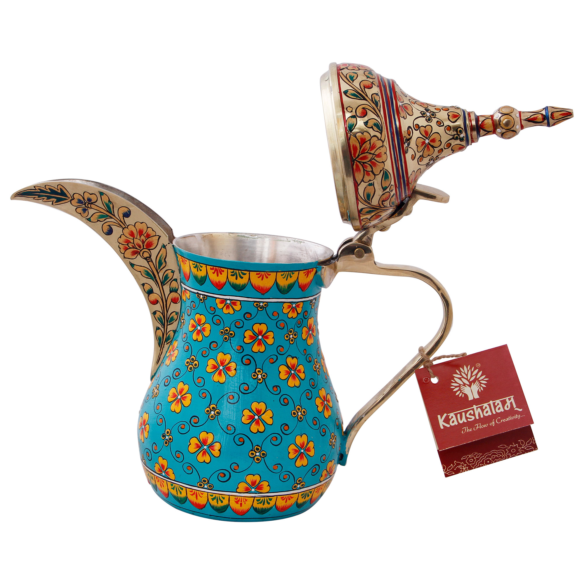Hand-Painted Brass Coffee Pot - Mughal Art Inspired Arabian Dallah: Turquoise