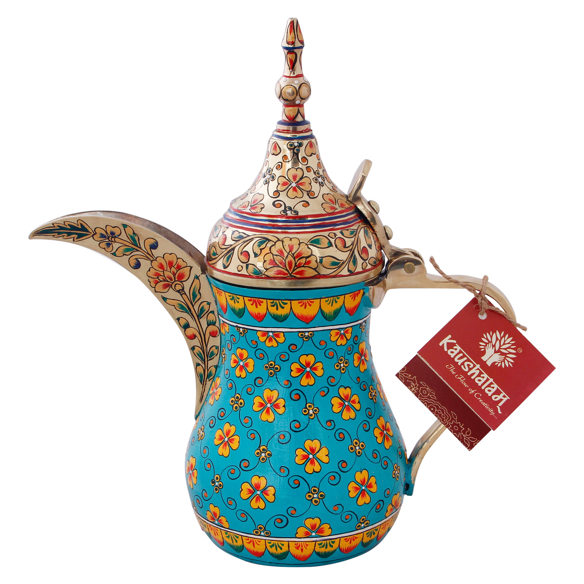 Hand-Painted Brass Coffee Pot - Mughal Art Inspired Arabian Dallah: Turquoise