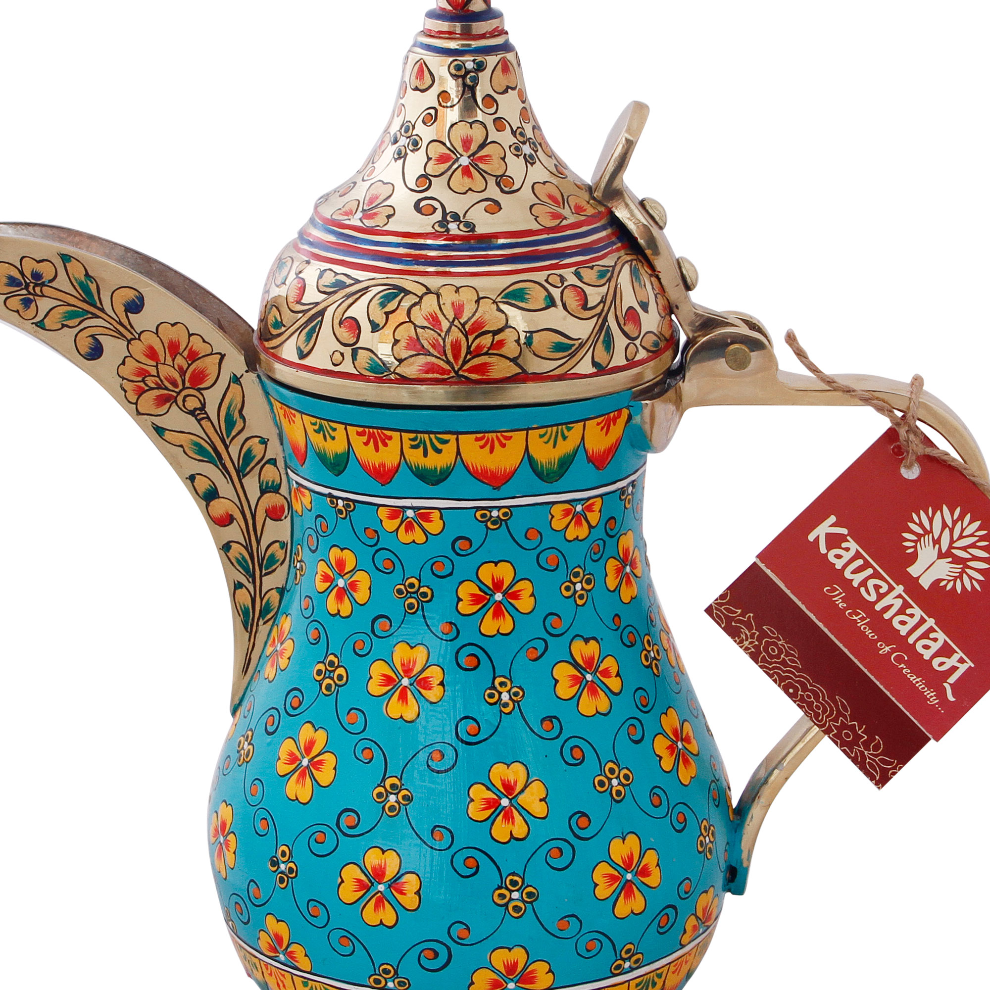 Hand-Painted Brass Coffee Pot - Mughal Art Inspired Arabian Dallah: Turquoise
