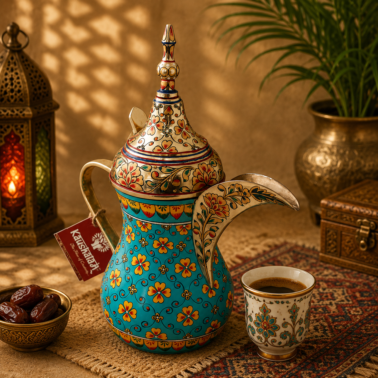 Hand-Painted Brass Coffee Pot - Mughal Art Inspired Arabian Dallah: Turquoise