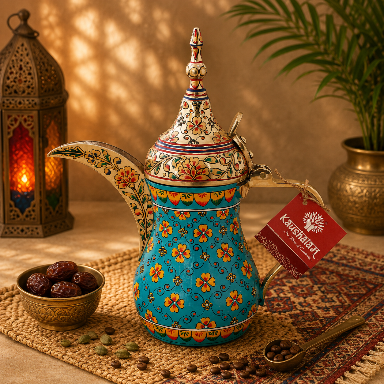 Hand-Painted Brass Coffee Pot - Mughal Art Inspired Arabian Dallah: Turquoise