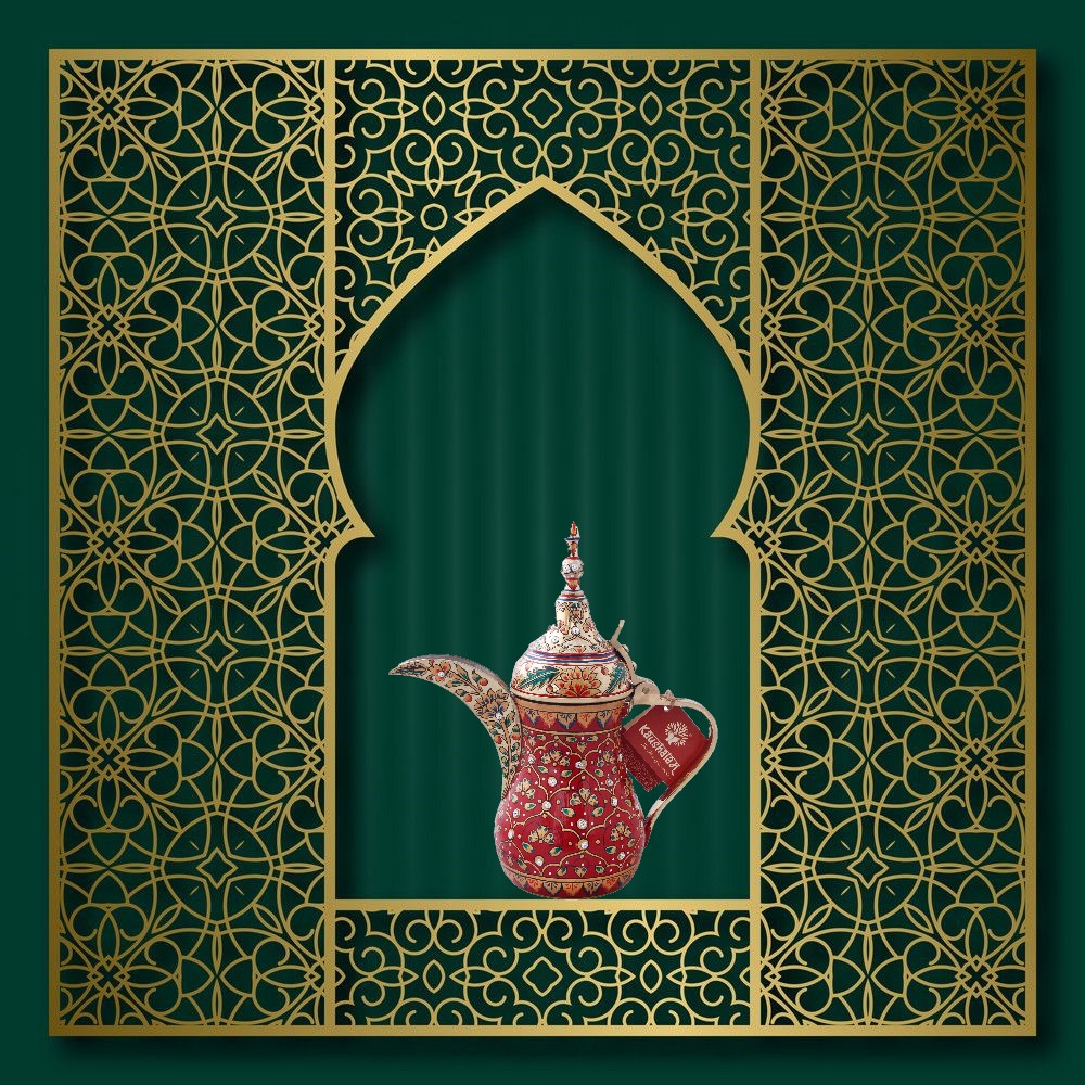 Hand-Painted Brass Coffee Pot - Mughal Art Inspired Arabian Dallah: Meraki Hand-Painted Brass Coffee Pot - Mughal Art Inspired Arabian Dallah: Meraki
