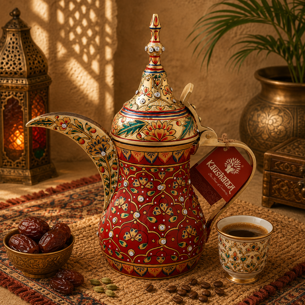 Hand-Painted Brass Coffee Pot - Mughal Art Inspired Arabian Dallah: Meraki
