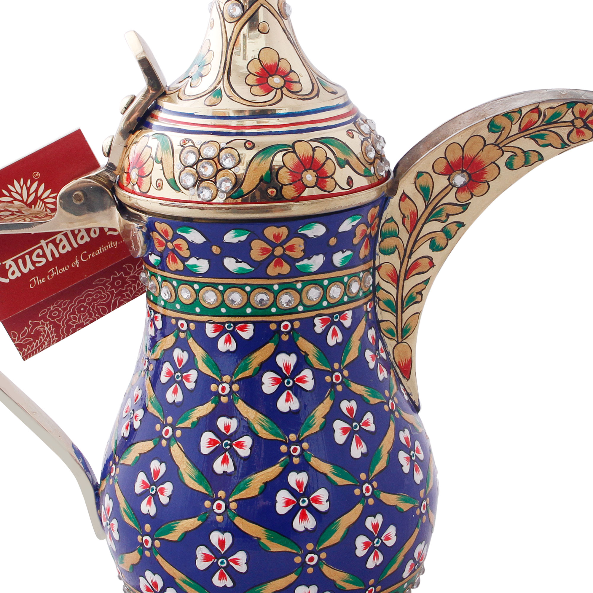 Hand-Painted Brass Coffee Pot - Mughal Art Inspired Arabian Dallah: Blue Dallah