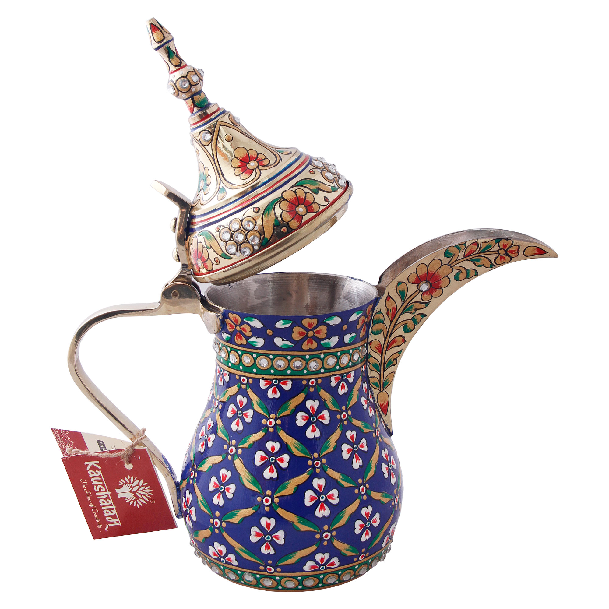Hand-Painted Brass Coffee Pot - Mughal Art Inspired Arabian Dallah: Blue Dallah