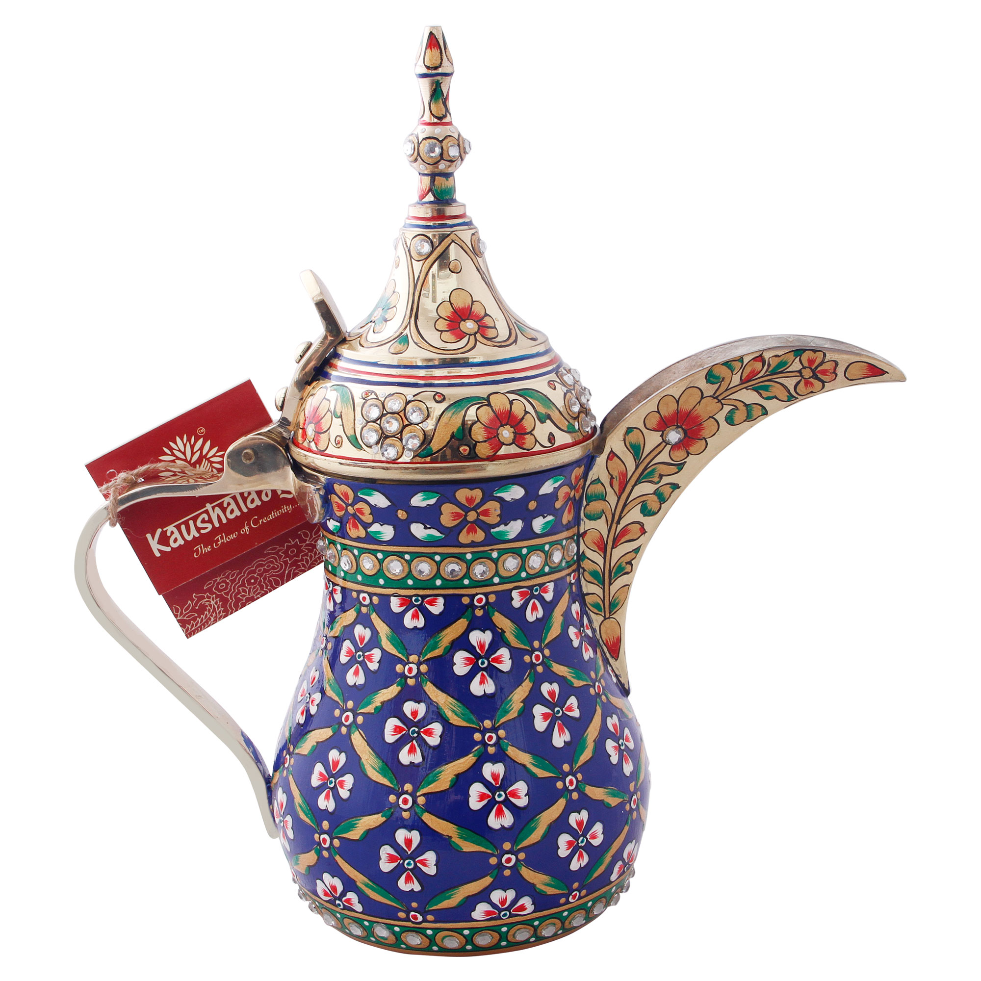 Hand-Painted Brass Coffee Pot - Mughal Art Inspired Arabian Dallah: Blue Dallah