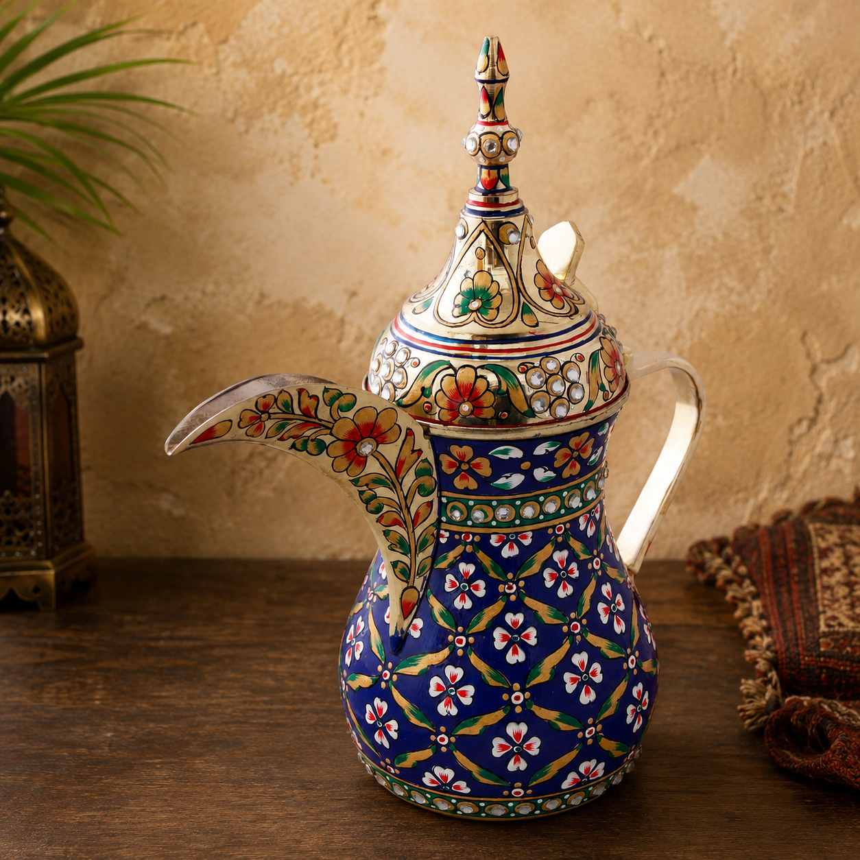Hand-Painted Brass Coffee Pot - Mughal Art Inspired Arabian Dallah: Blue Dallah