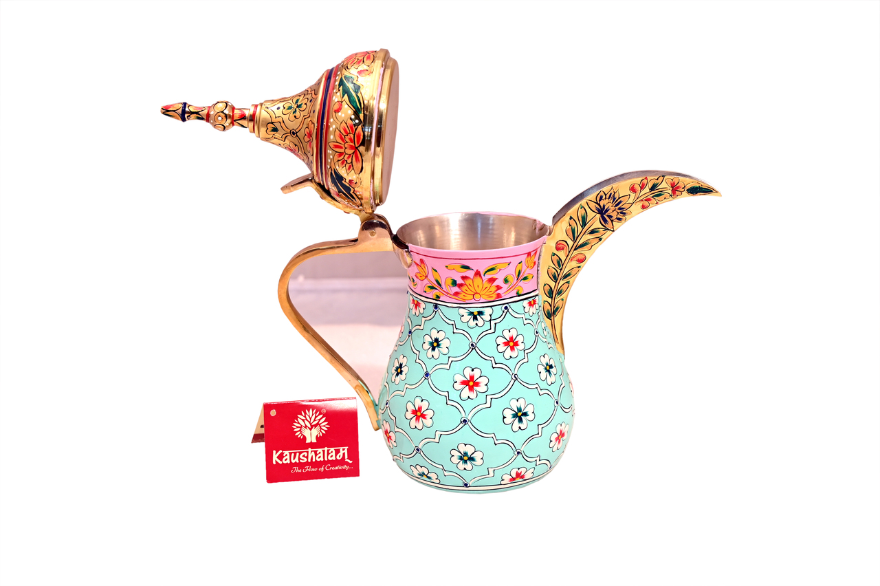 Hand-Painted Brass Coffee Pot - Mughal Art Inspired Arabian Dallah: Habibi Hand-Painted Brass Coffee Pot - Mughal Art Inspired Arabian Dallah: Habibi