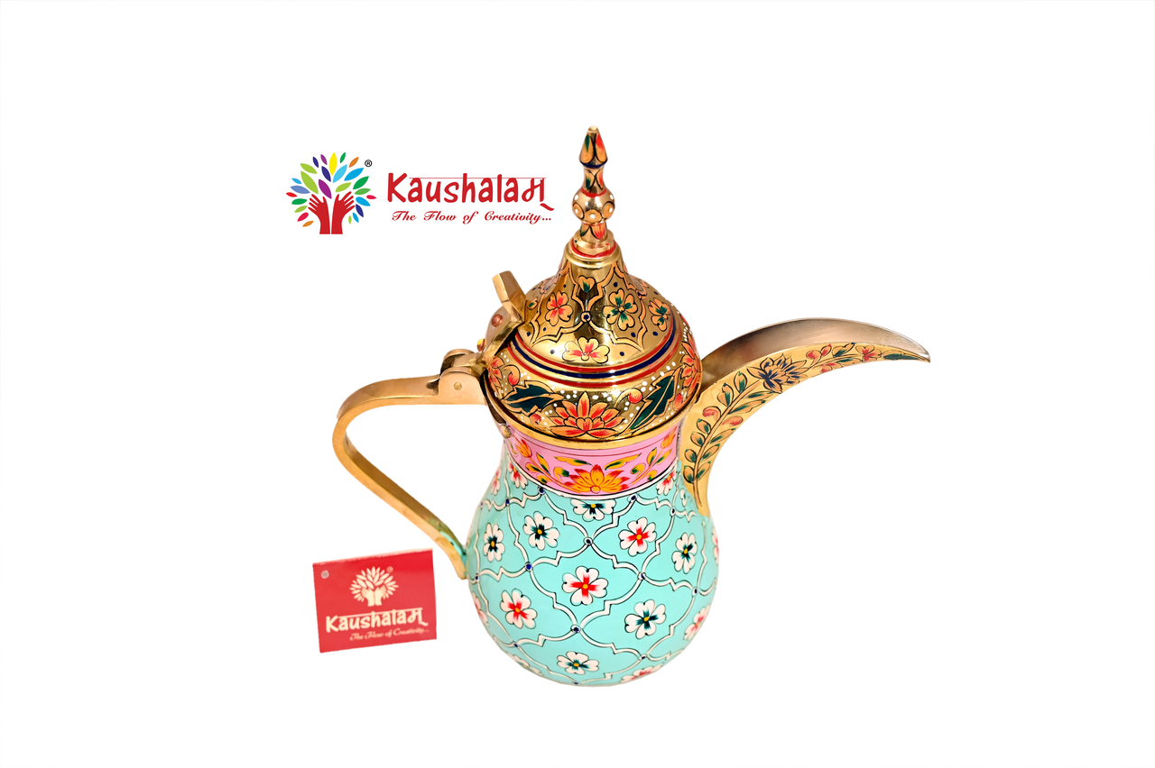Hand-Painted Brass Coffee Pot - Mughal Art Inspired Arabian Dallah: Habibi