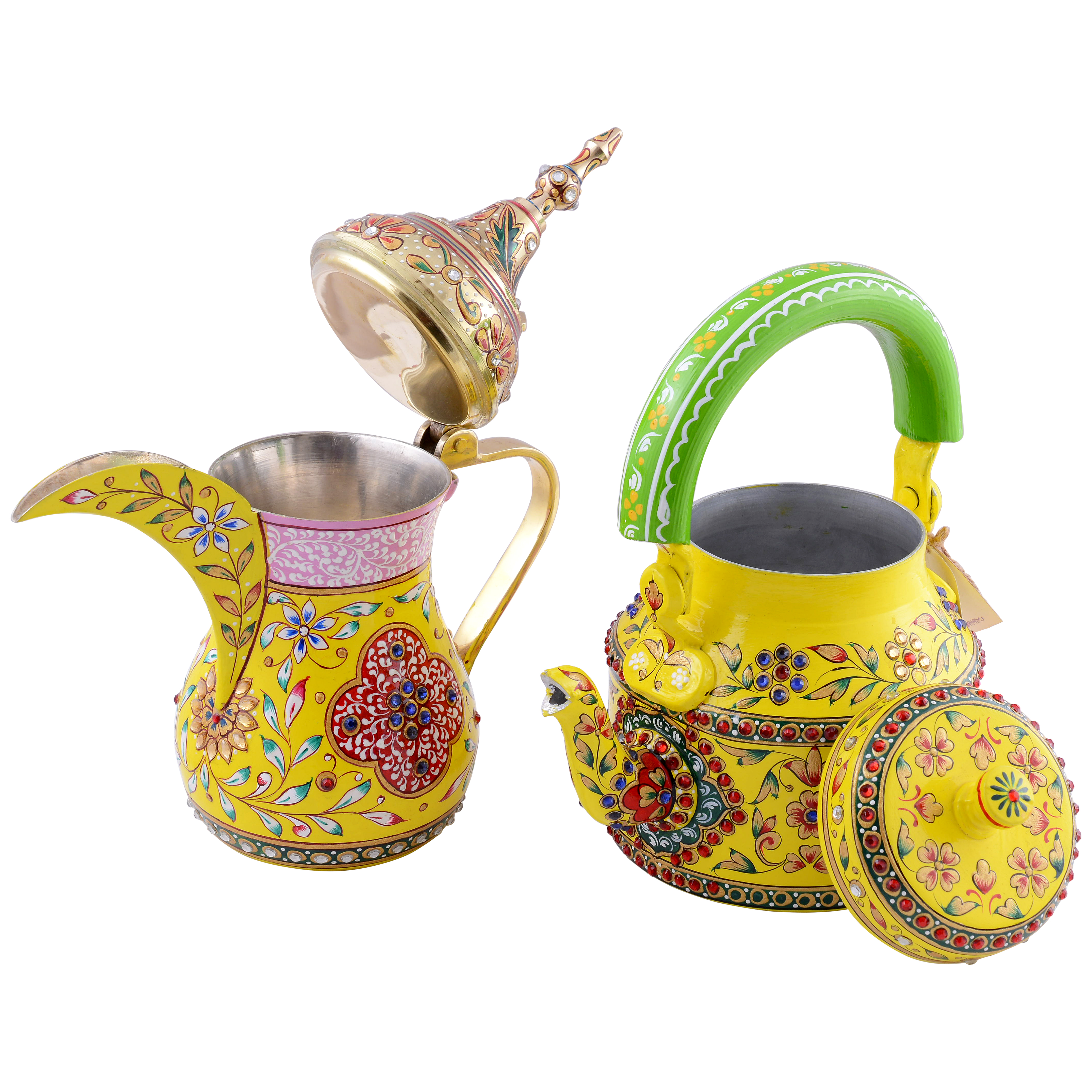 Hand-Painted Brass Coffee Pot & Kettle set - Mughal Art Inspired Arabian Dallah: Inara