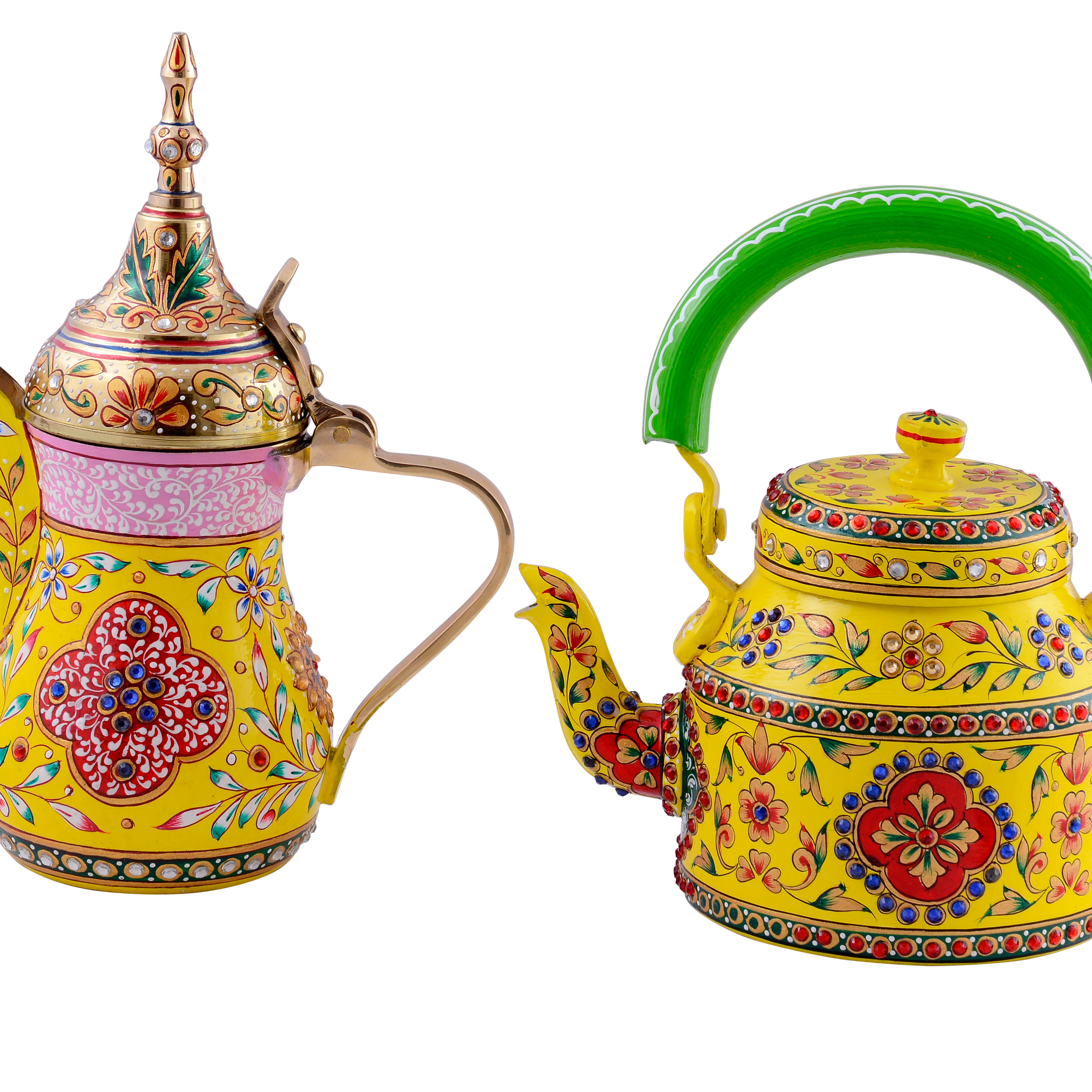 Hand-Painted Brass Coffee Pot & Kettle set - Mughal Art Inspired Arabian Dallah: Inara