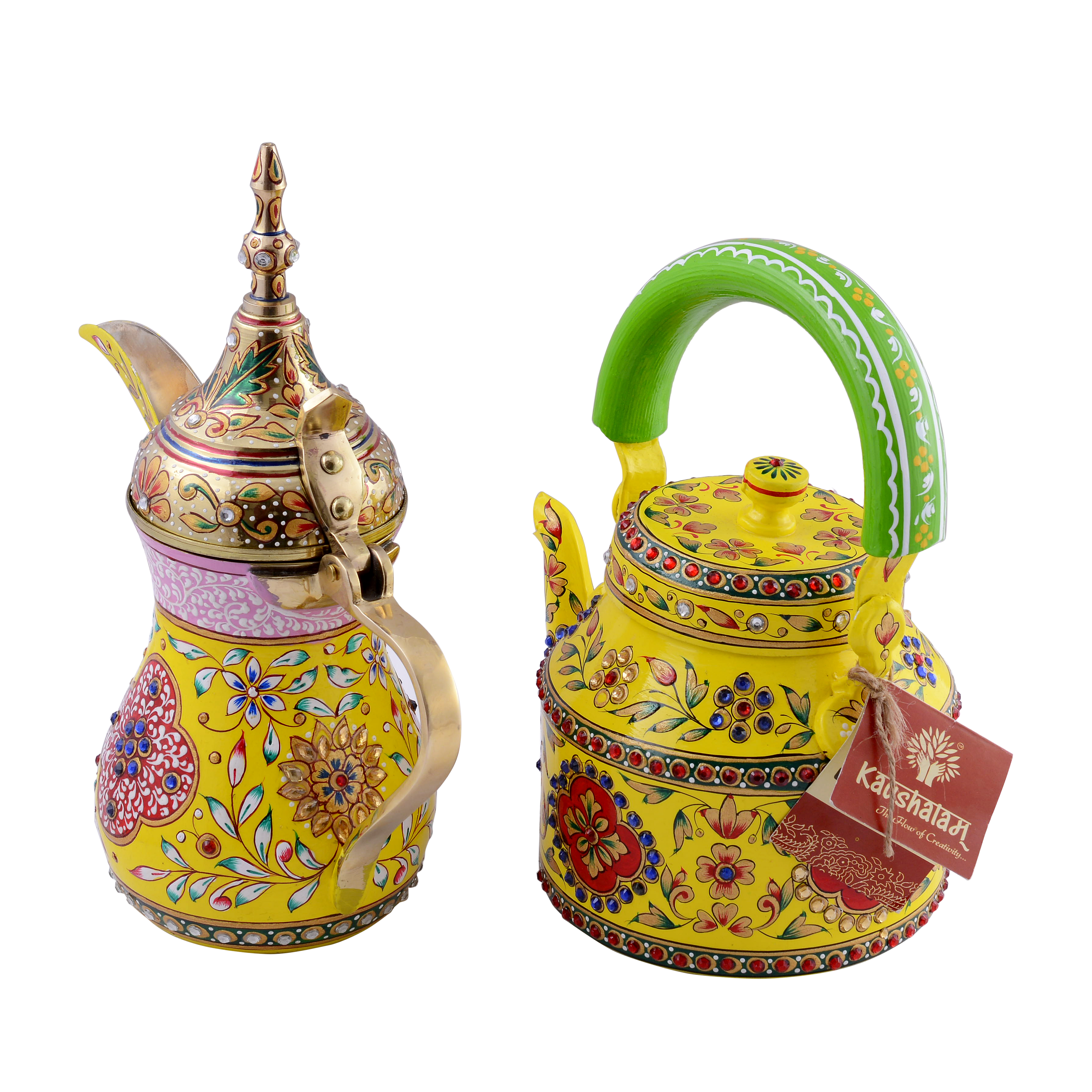 Hand-Painted Brass Coffee Pot & Kettle set - Mughal Art Inspired Arabian Dallah: Inara