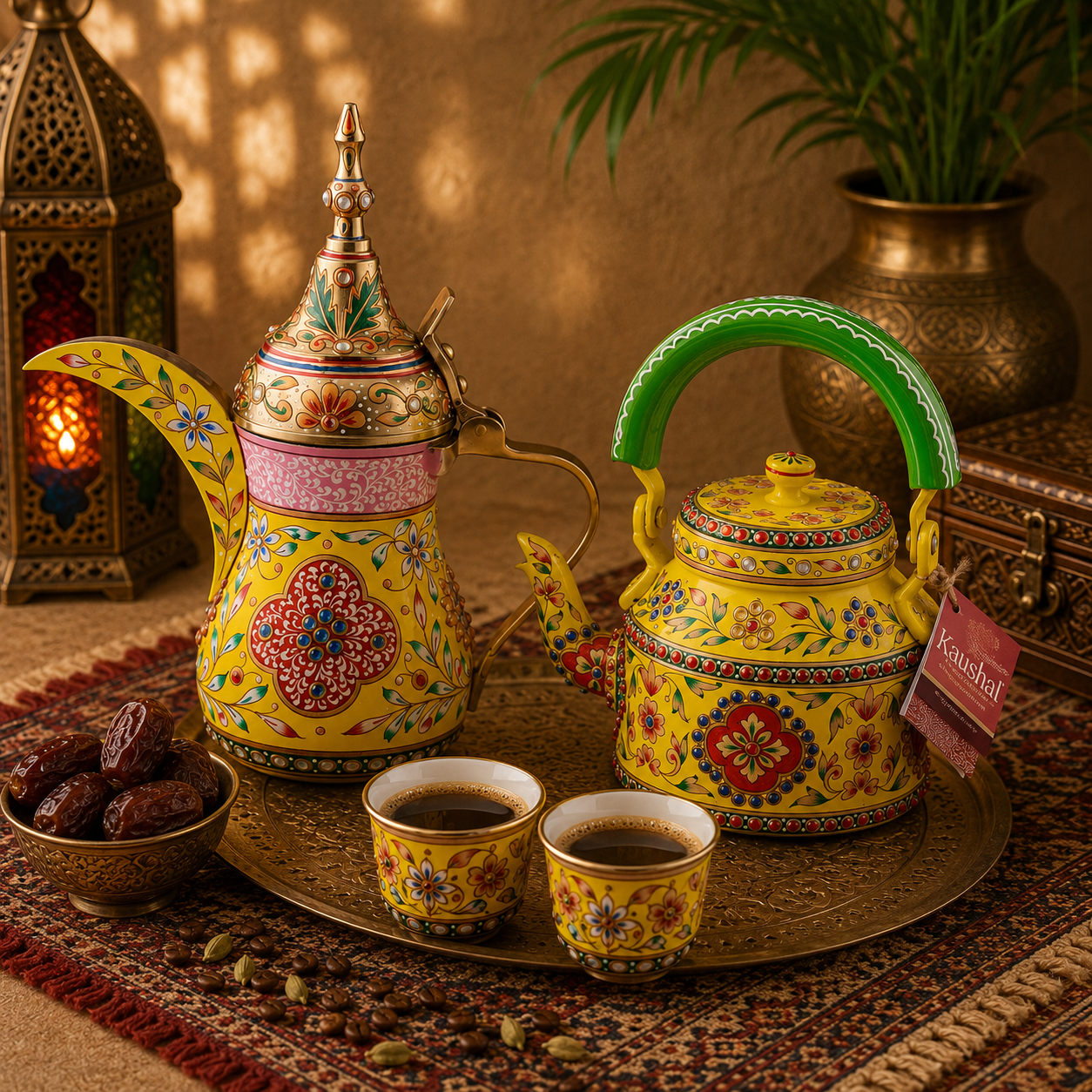 Hand-Painted Brass Coffee Pot & Kettle set - Mughal Art Inspired Arabian Dallah: Inara