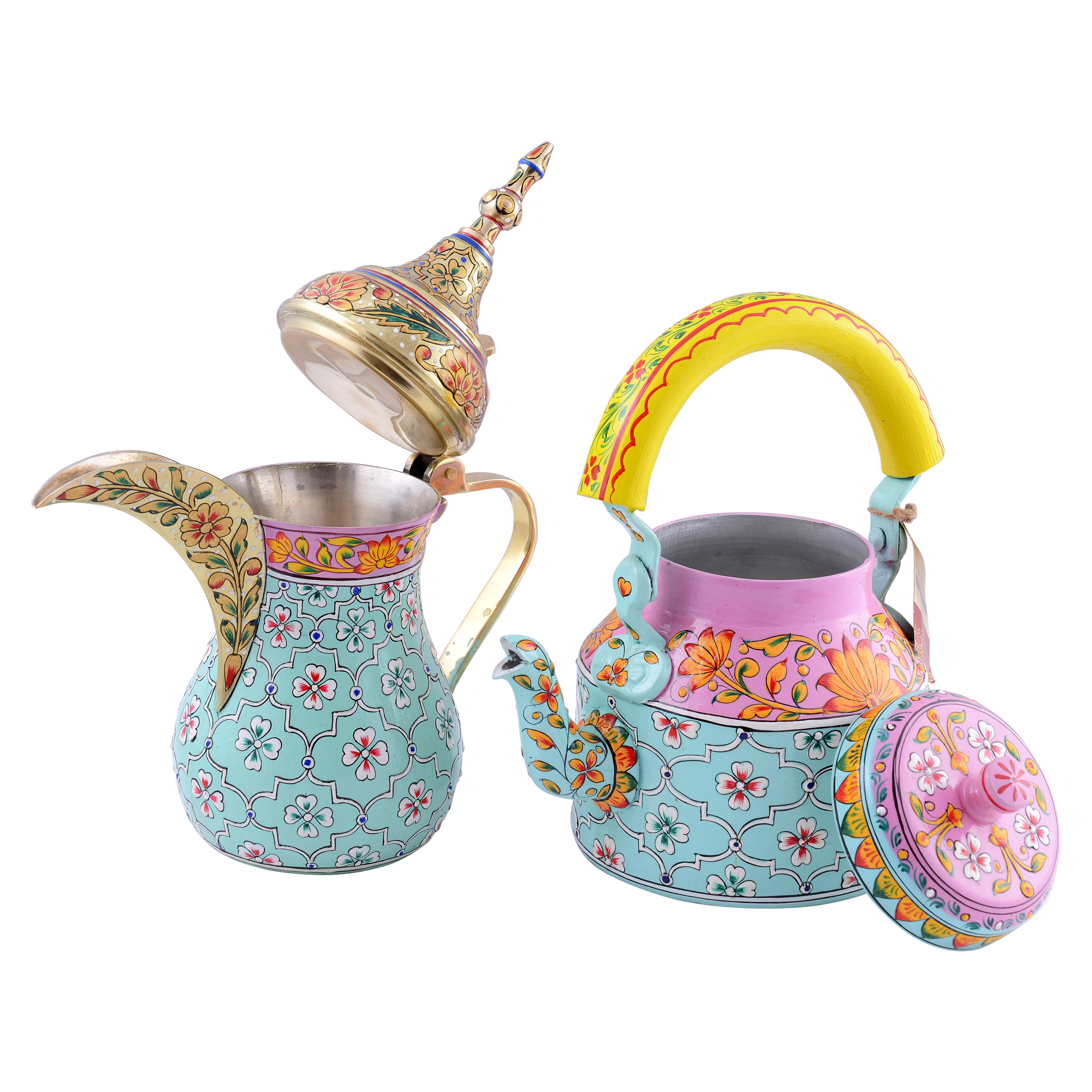 Hand-Painted Brass Coffee Pot & Kettle set - Mughal Art Inspired Arabian Dallah: Habibi