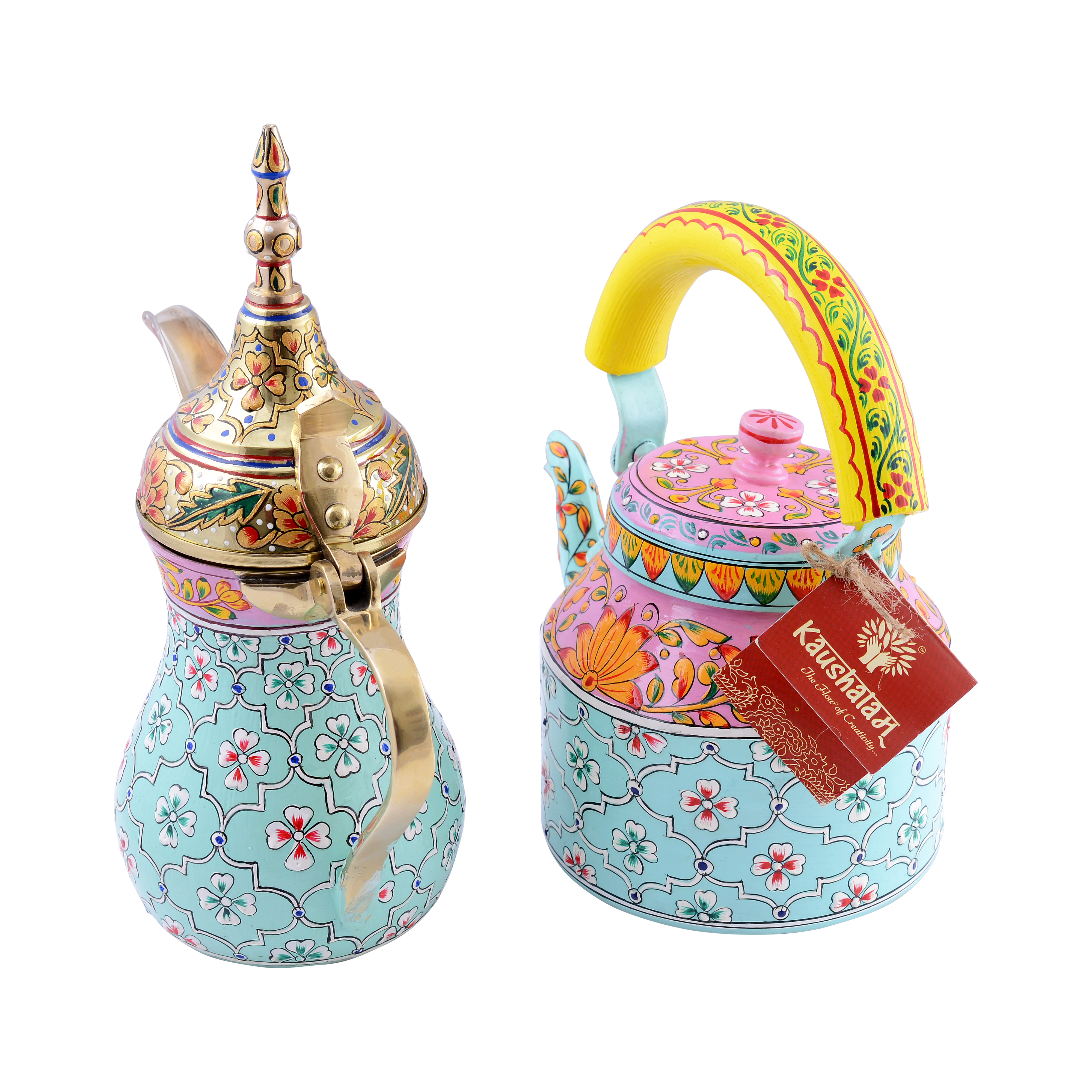 Hand-Painted Brass Coffee Pot & Kettle set - Mughal Art Inspired Arabian Dallah: Habibi