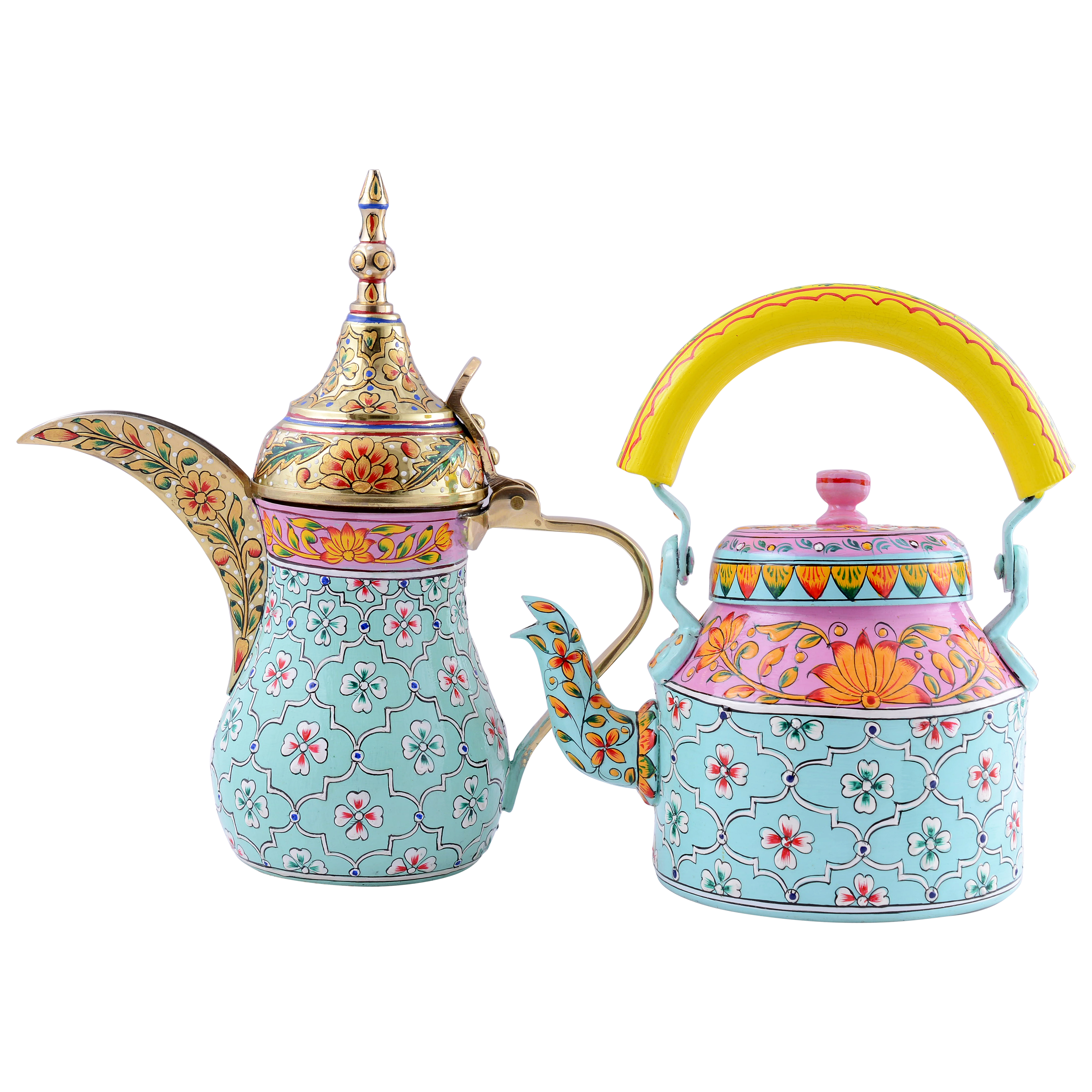 Hand-Painted Brass Coffee Pot & Kettle set - Mughal Art Inspired Arabian Dallah: Habibi
