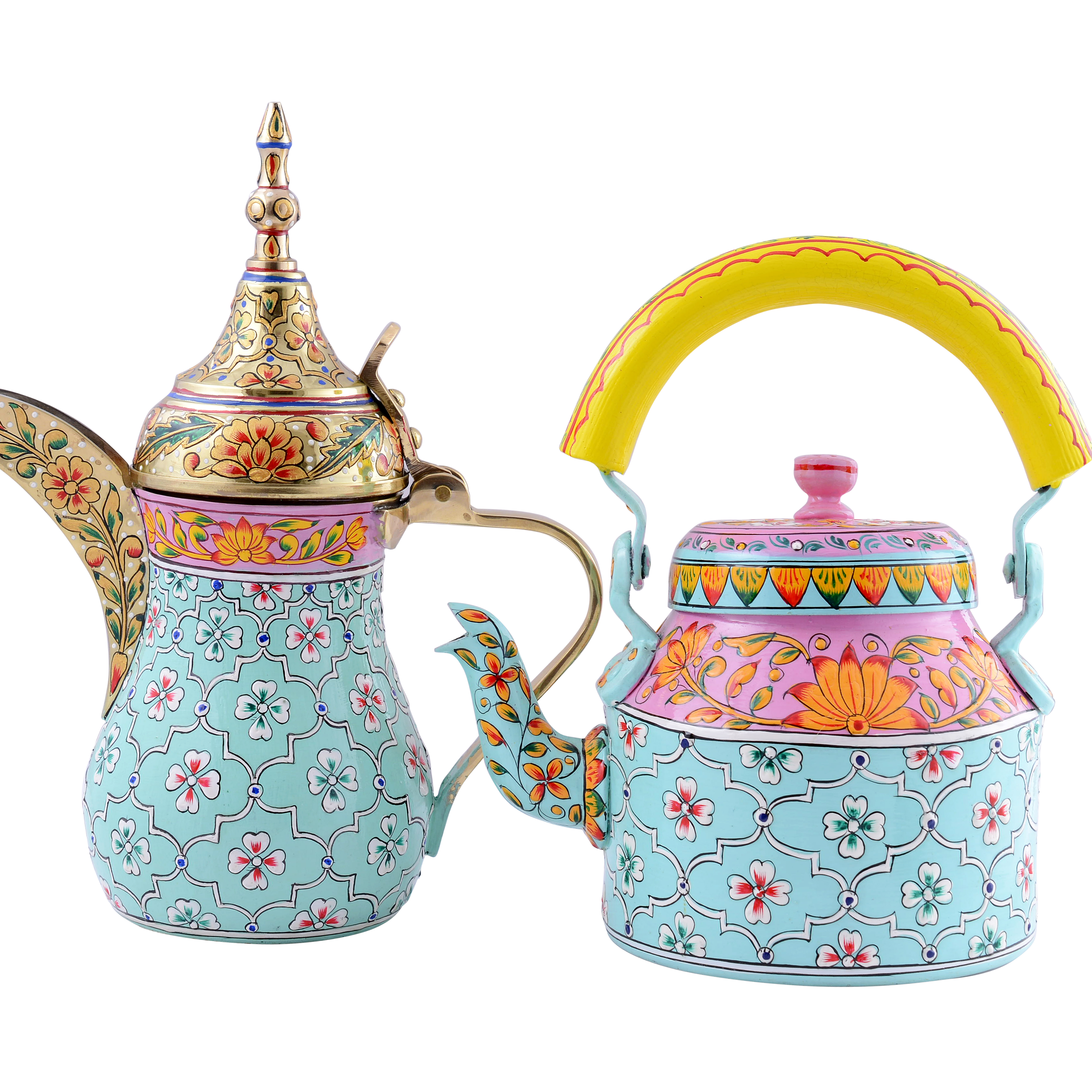 Hand-Painted Brass Coffee Pot & Kettle set - Mughal Art Inspired Arabian Dallah: Habibi Hand-Painted Brass Coffee Pot & Kettle set - Mughal Art Inspired Arabian Dallah: Habibi