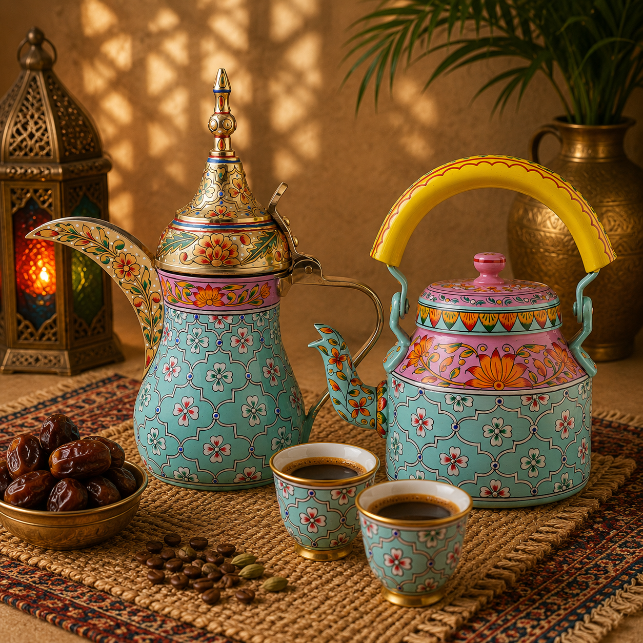 Hand-Painted Brass Coffee Pot & Kettle set - Mughal Art Inspired Arabian Dallah: Habibi
