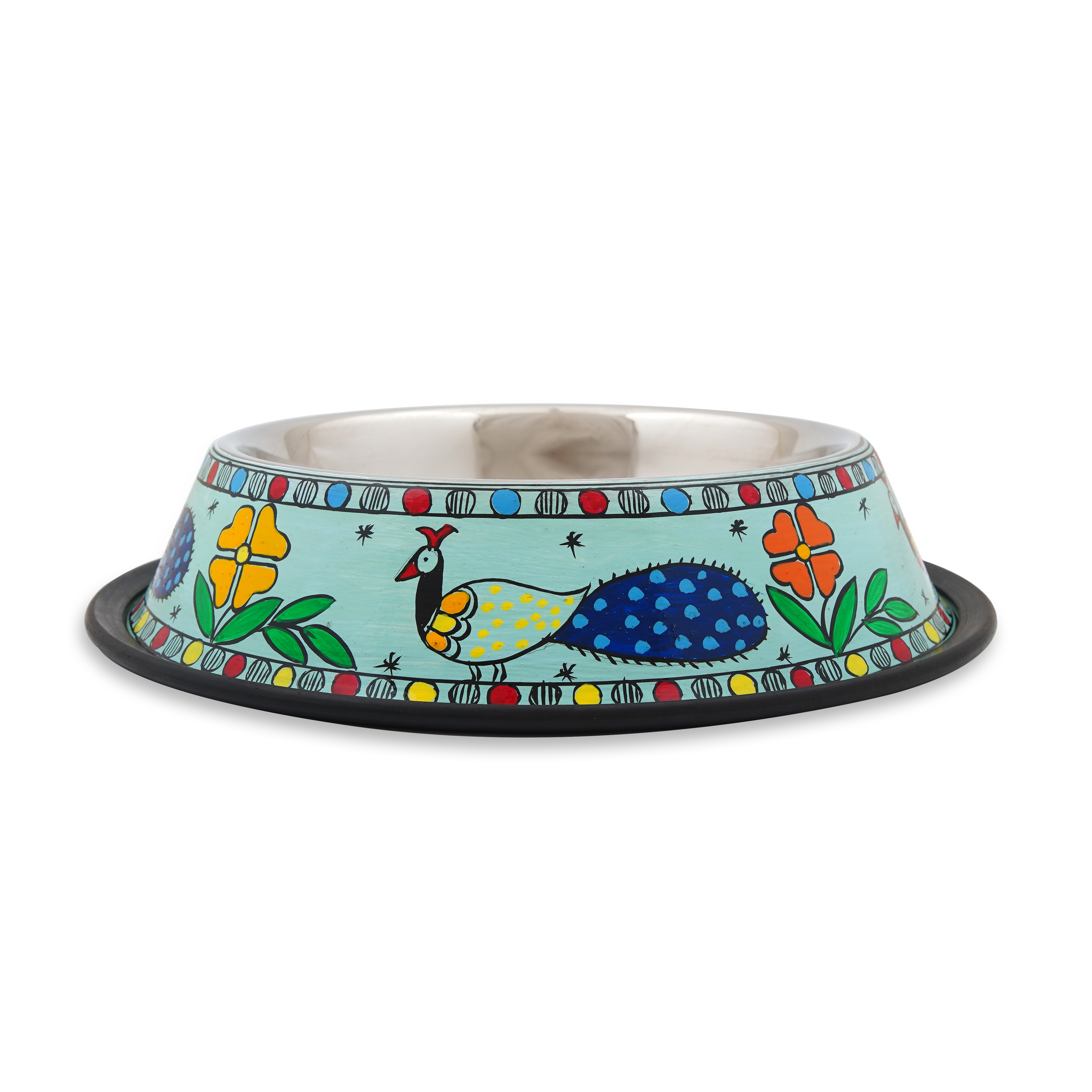 Hand Painted Dog Food Bowl: Sea Green Peacock