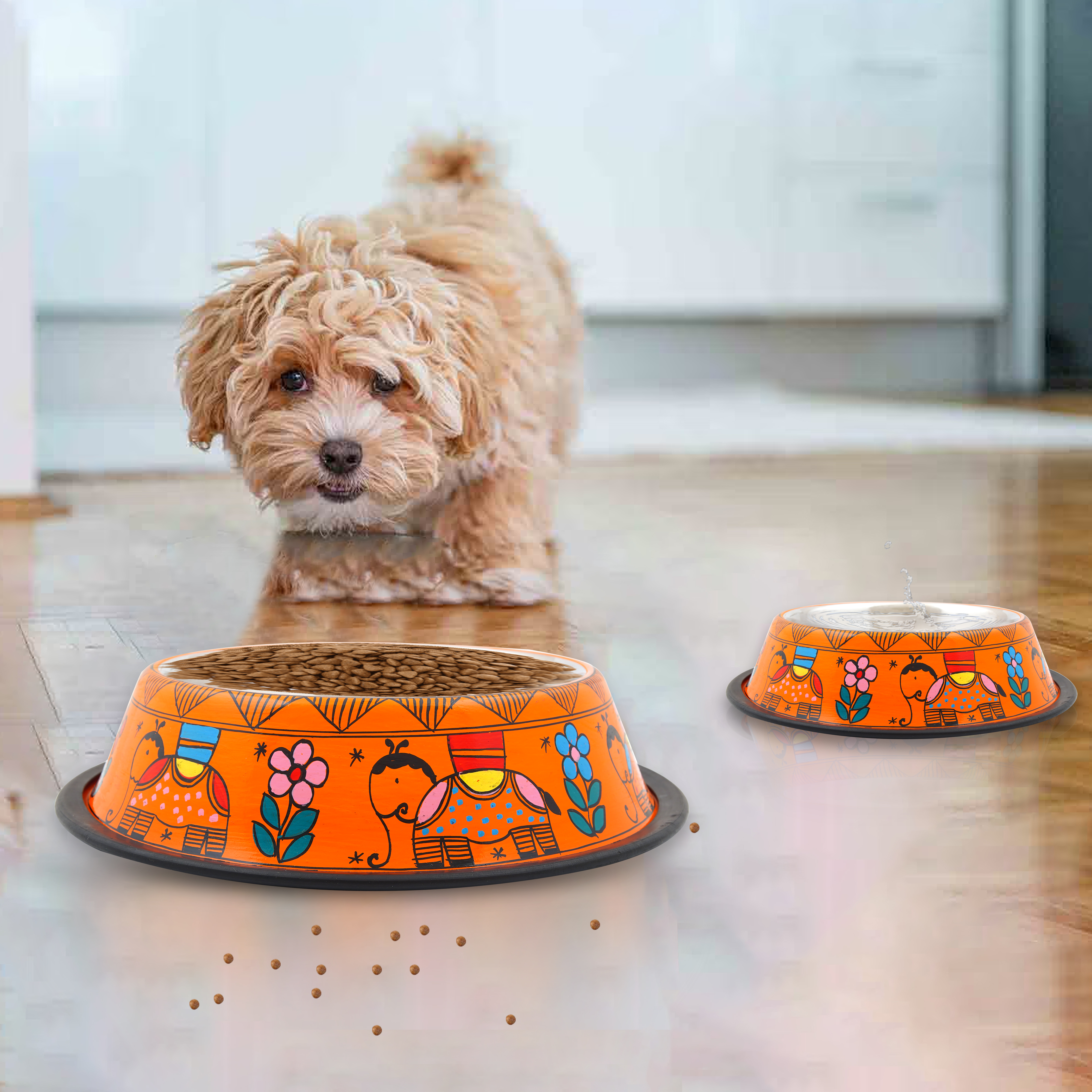 Hand Painted Pet Food Bowl: Orange Elephant Hand Painted Pet Food Bowl: Orange Elephant