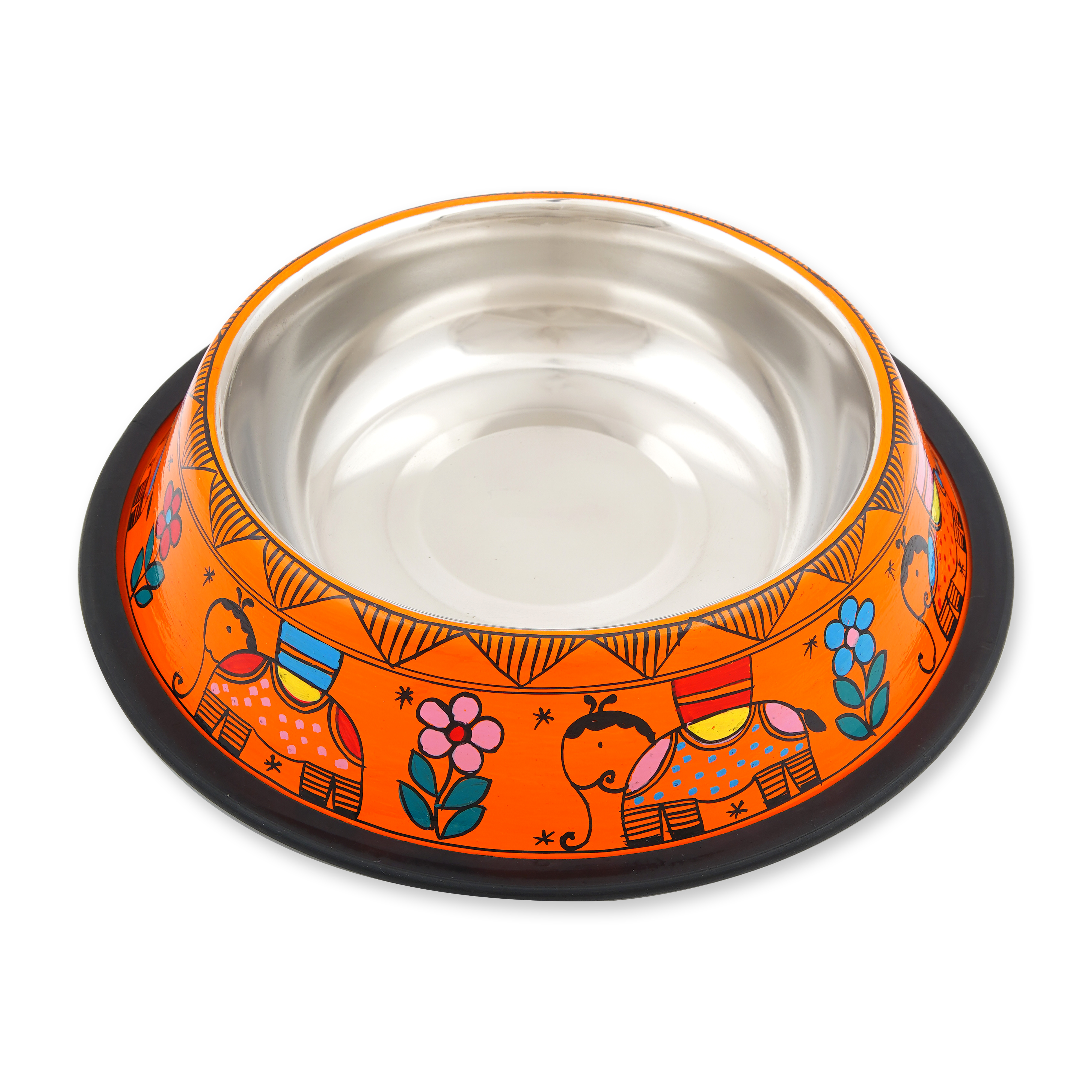 Hand Painted Pet Food Bowl: Orange Elephant
