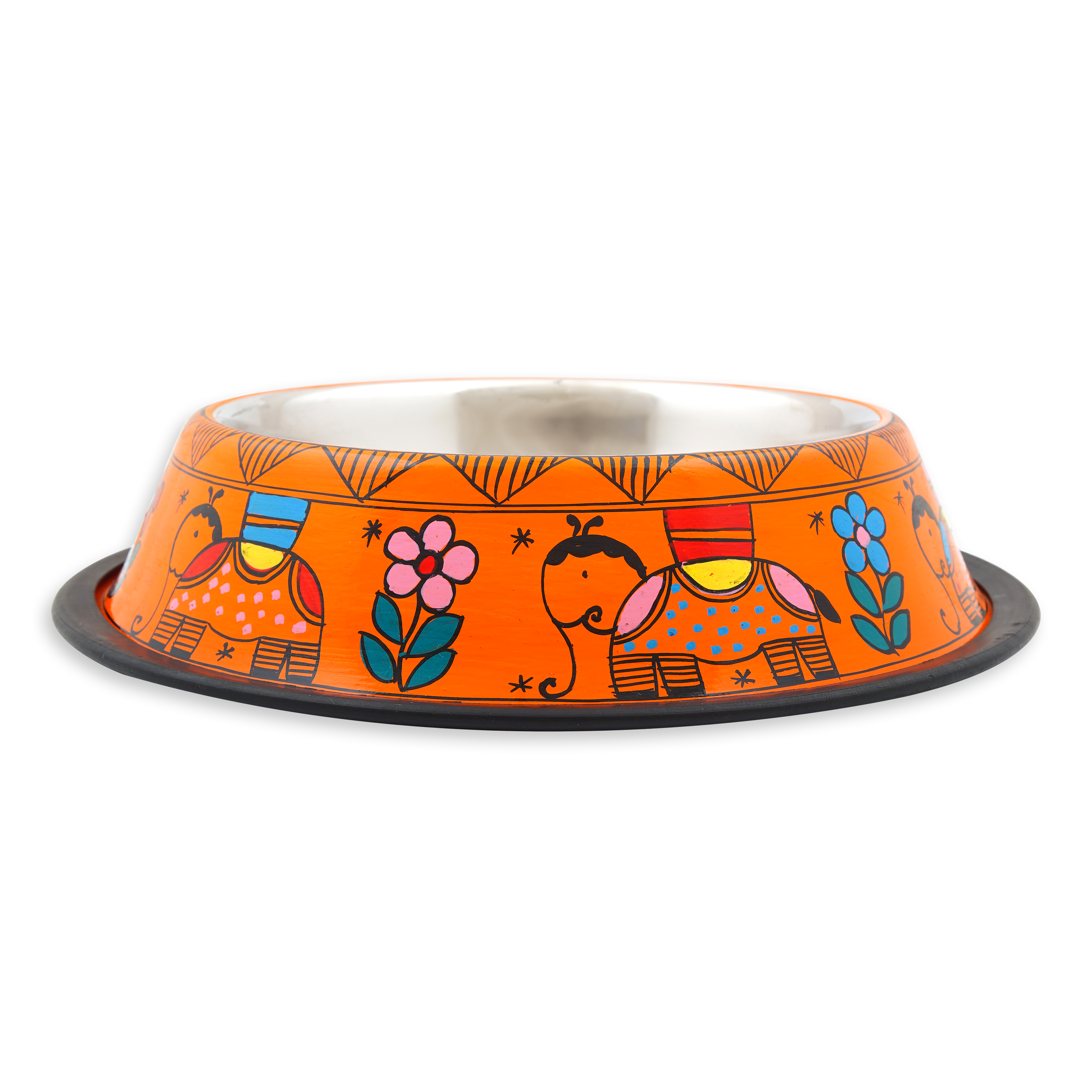 Hand Painted Pet Food Bowl: Orange Elephant