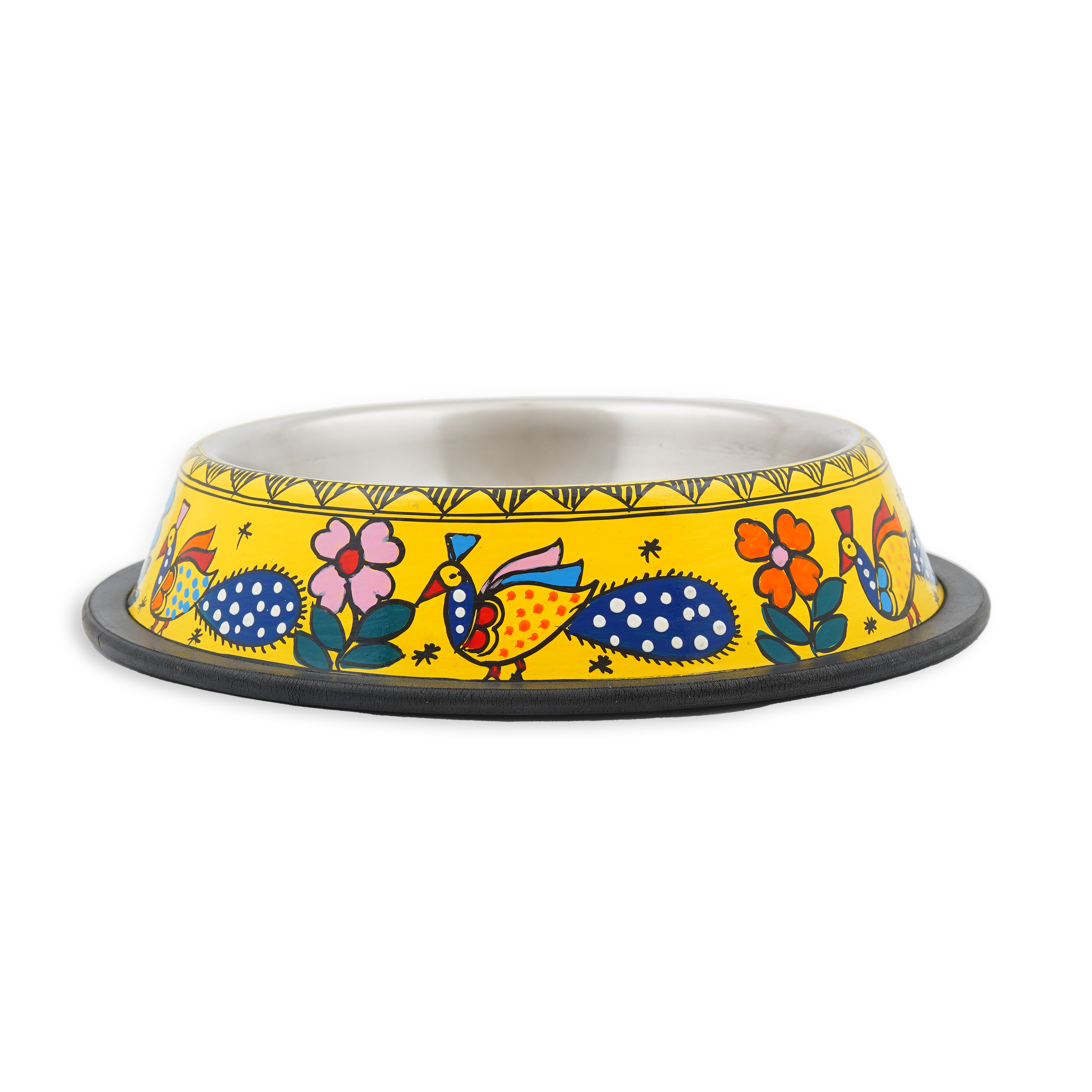Hand Painted Pet Food Bowl: Yellow Folk Art Peacock