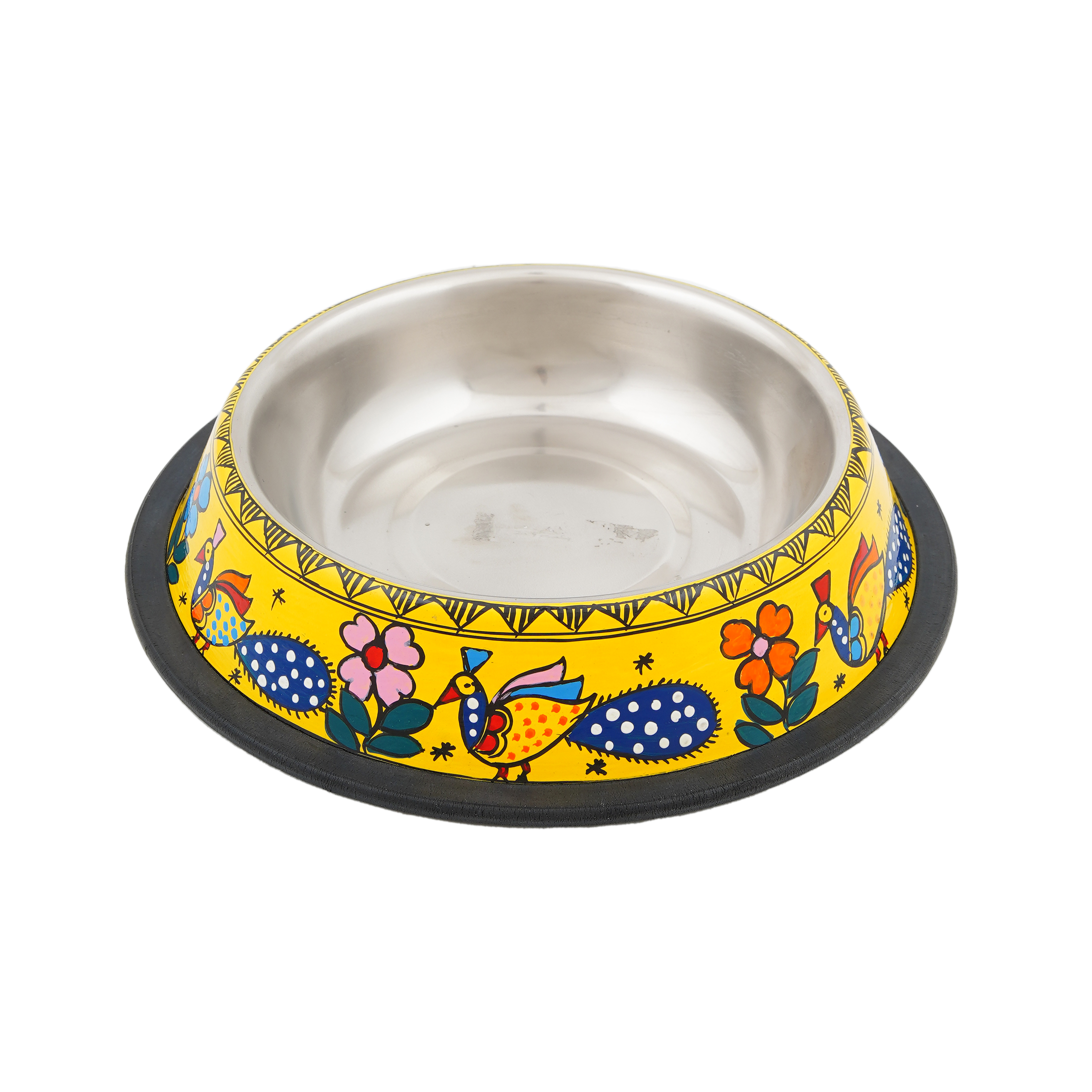 Hand Painted Pet Food Bowl: Yellow Peacock