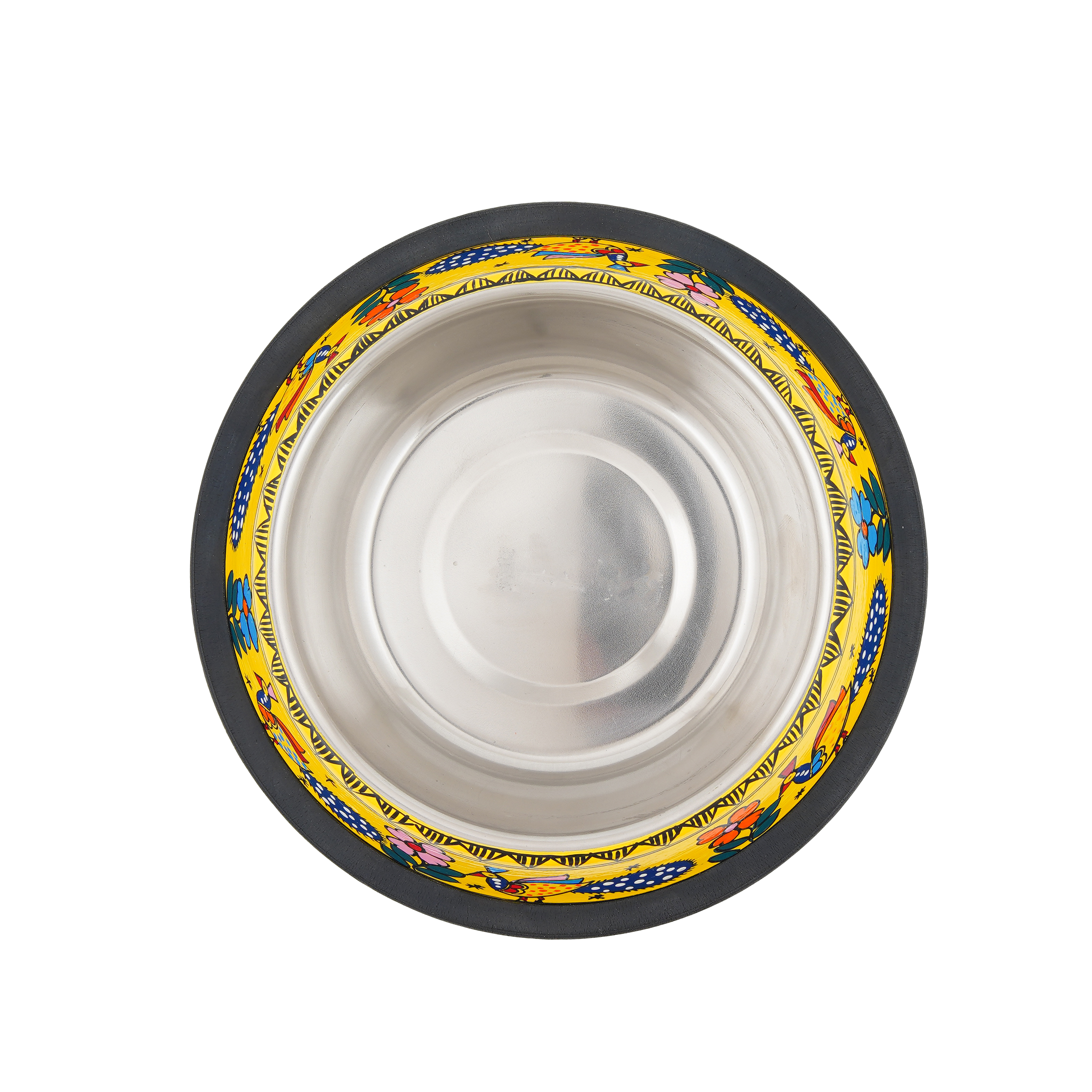 Hand Painted Pet Food Bowl: Yellow Folk Art Peacock