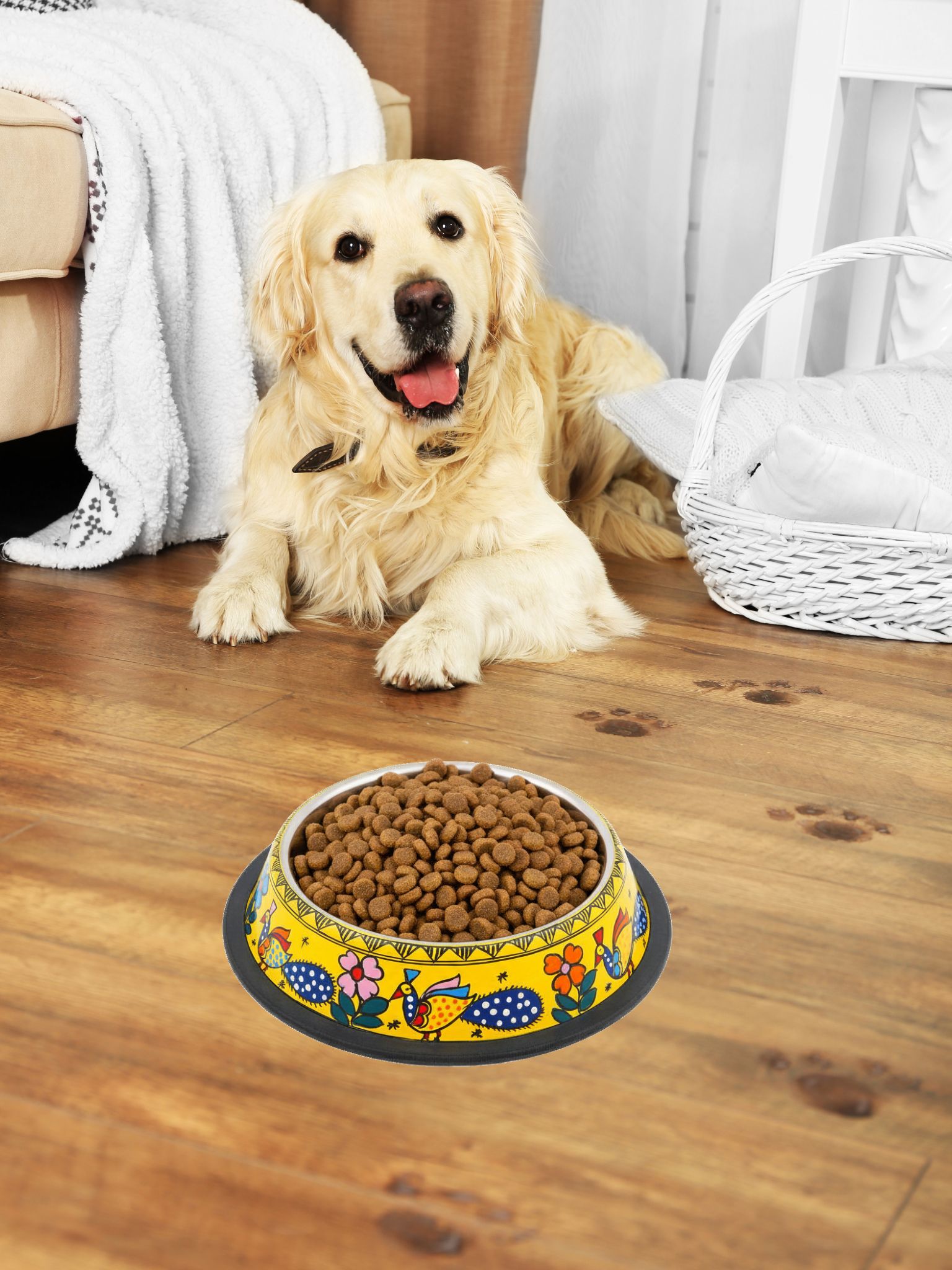 Hand Painted Pet Food Bowl: Yellow Folk Art Peacock